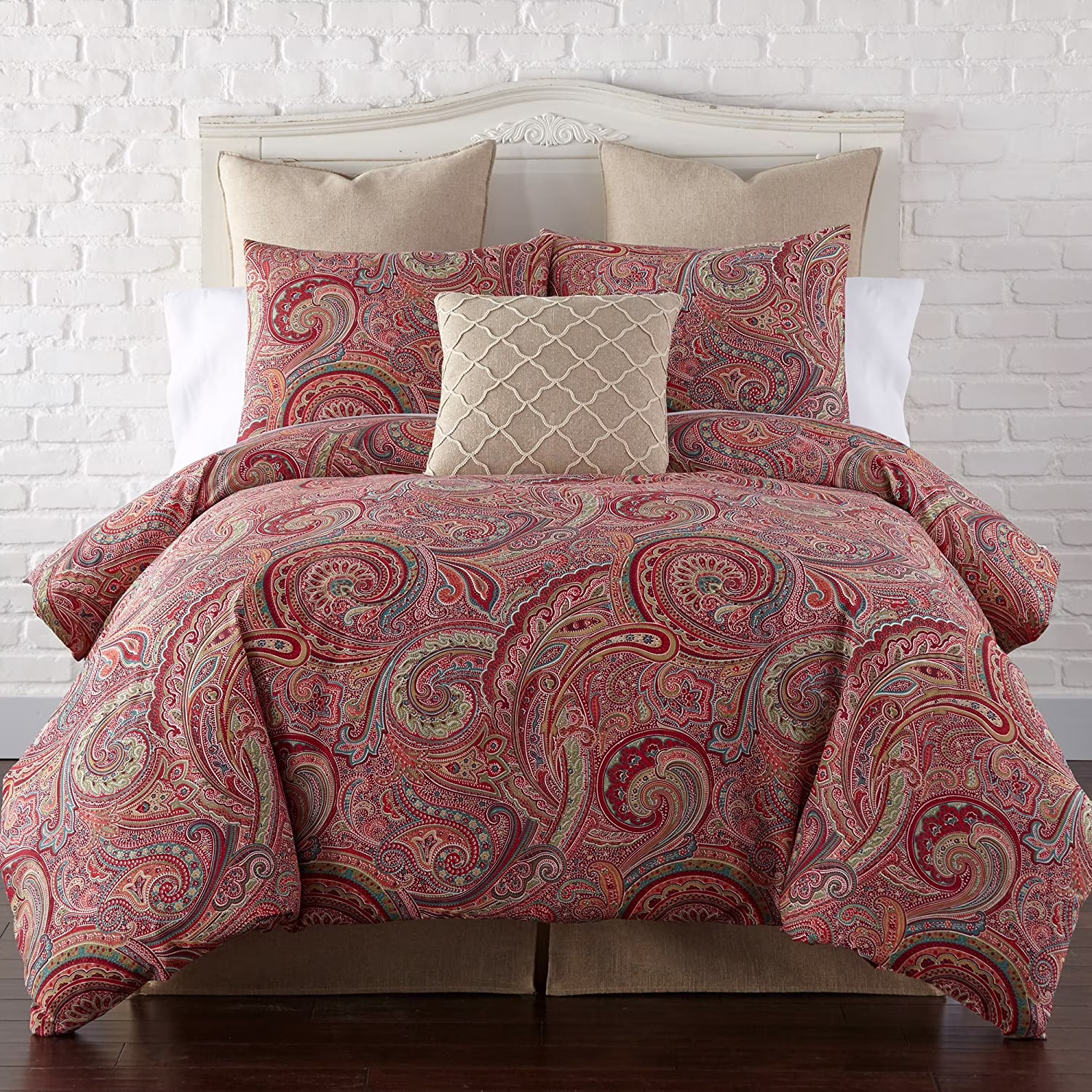 Levtex Home - Spruce Red Duvet Cover Set - Twin/Twin XL Duvet Cover (68 x 88in.) + One Standard Pillow Cases (26 x 20in.) - Paisley Pattern - Red, Tan, Grey, Burgundy - Cotton