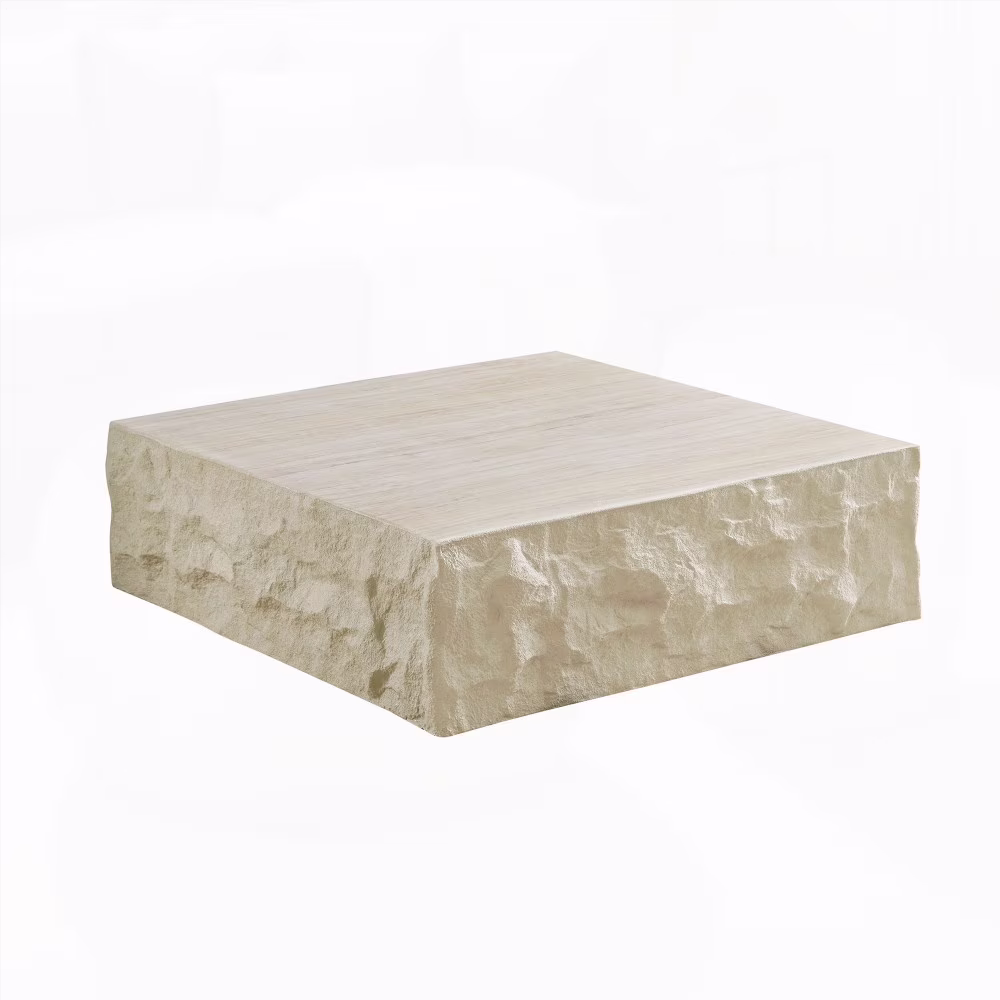 Fiberglass Square Coffee Table for Living Room, Imitation Stone Tabletop, No Assembly