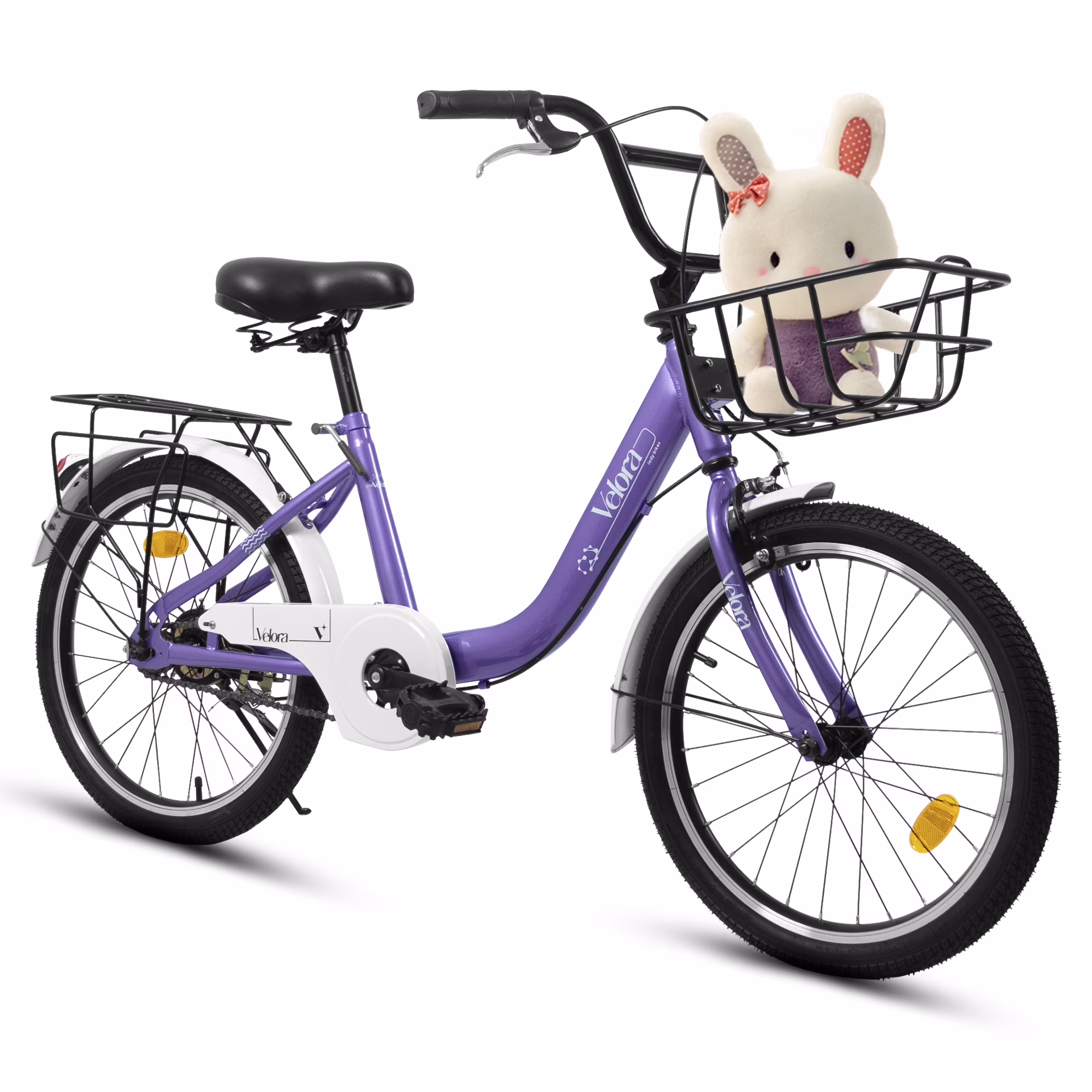 20 Inch Kids Bike for Boys Girls, 1 Speed Children Bicycle with Basket, Rear Seat, Chain Guard, Coaster Brake and V-Brake, Steel Frame Kids Bike for Ages 6-12 Years Old Birthday Gift, Purple