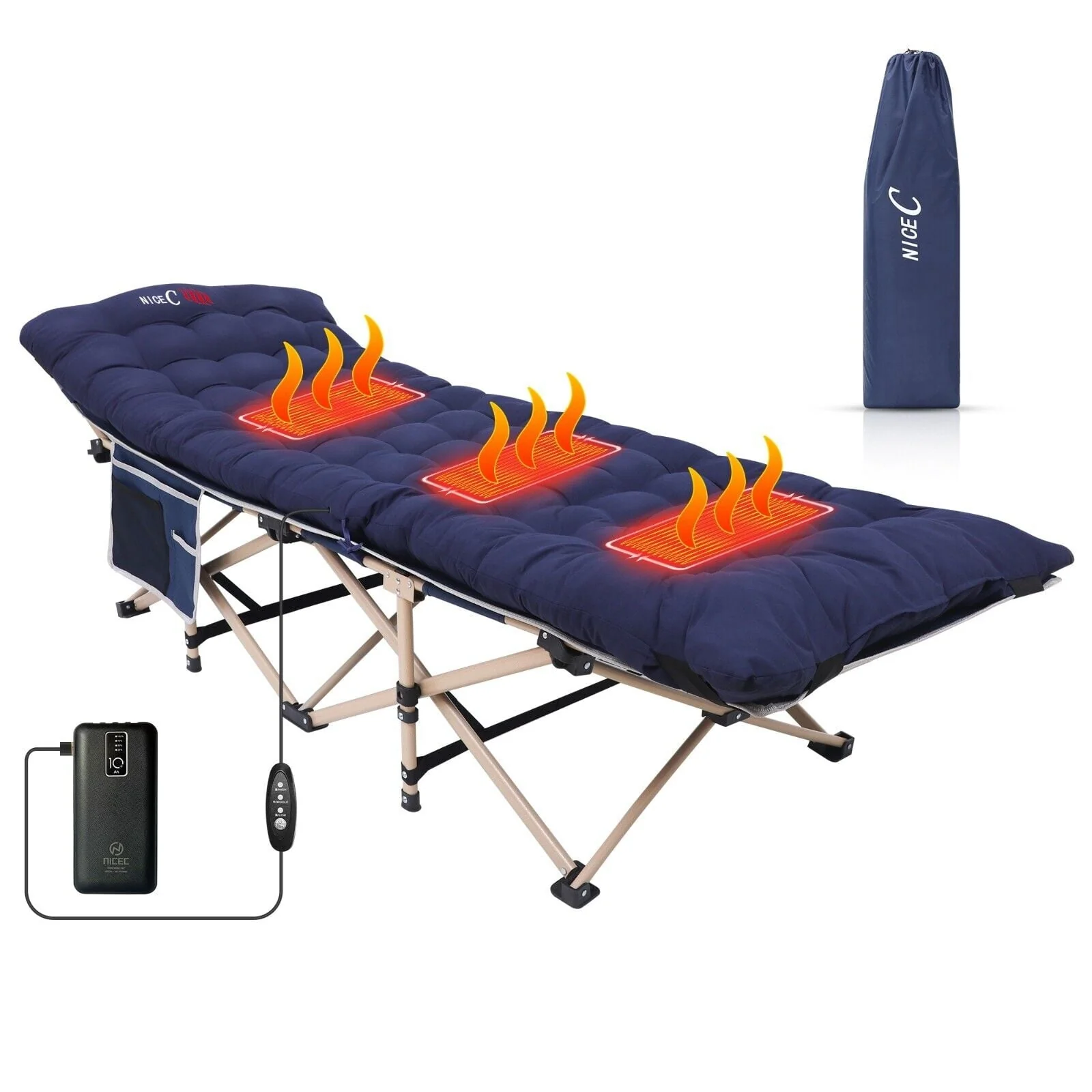 Nice C Camping Cots Heatable w/Mattress, Cots for Adults, Folding Cot, Lounge Chair, w/Carry Bag Extra Wide, Heavy Duty Holds Up to 500 Lbs, Power Bank Included (1-Pack, Navyblue)