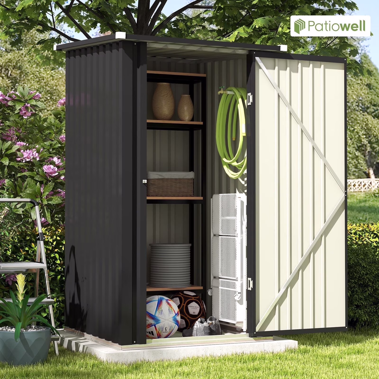 Patiowell 3��3FT Metal Outdoor Storage Shed with Sloping Roof and Single Lockable Door, Black