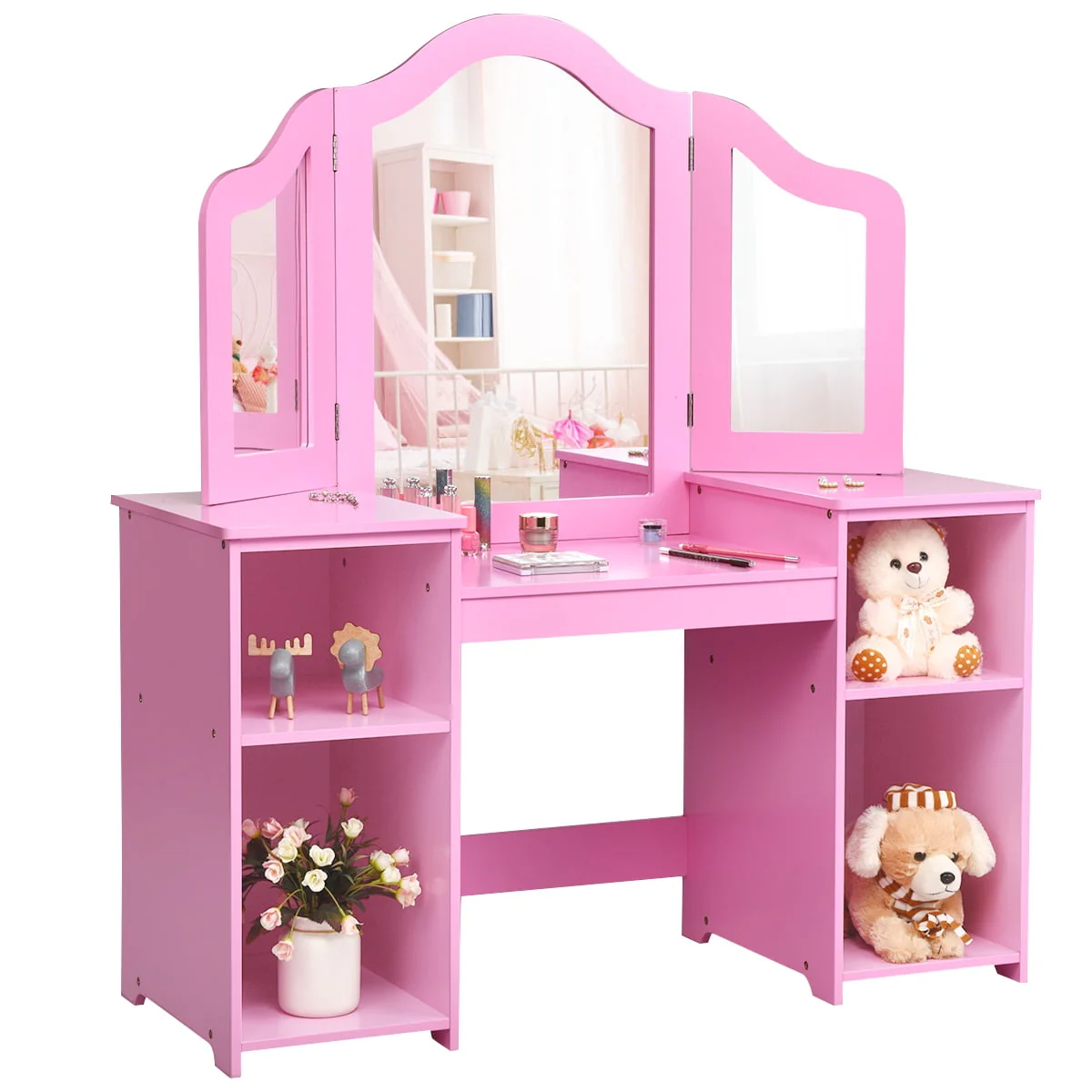 Costway Vanity Table Set Makeup Dressing Kids Girls Study Table Tri Folding Mirror  Pink