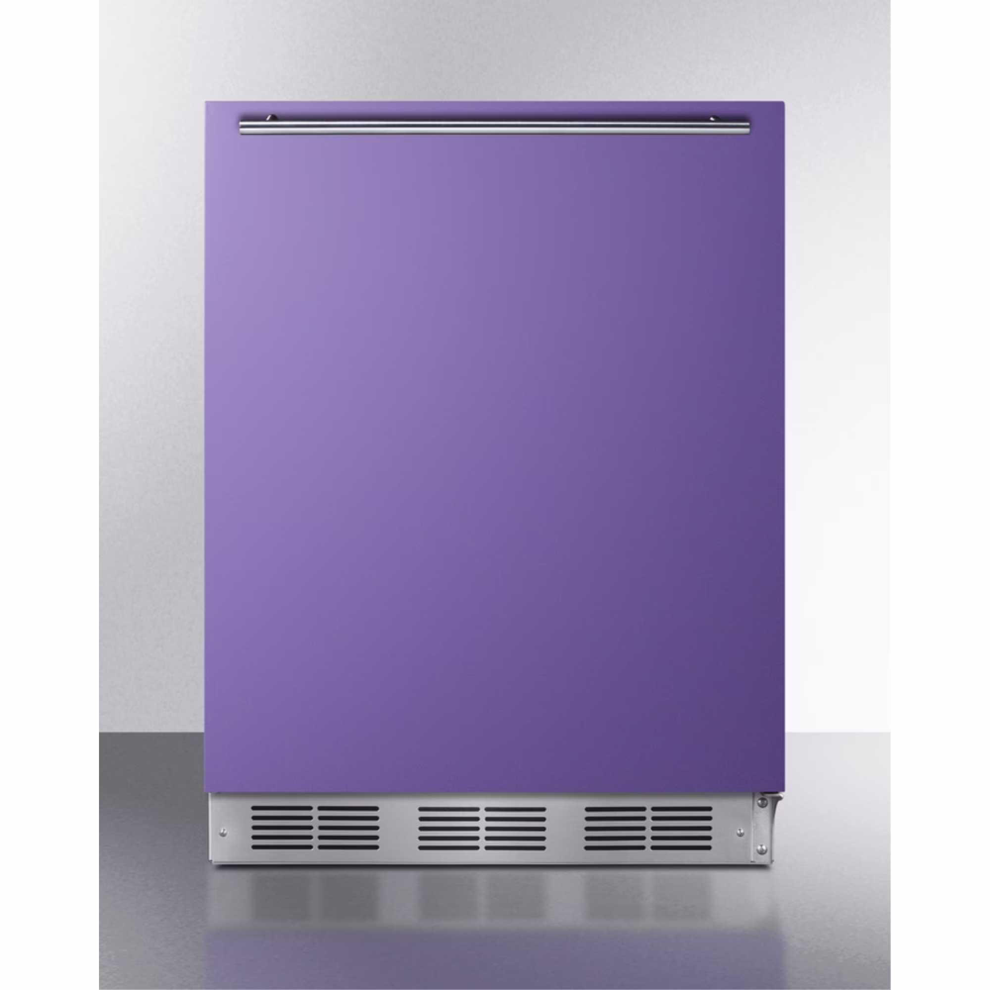 Undercounter 24" all-refrigerator for residential use with lavender purple door, stainless steel handle, and black cabinet