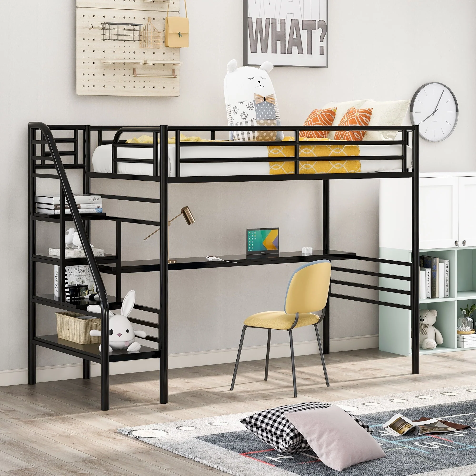 Euroco Metal Twin Size Loft Bed with Desk & Stairways for Child, Black