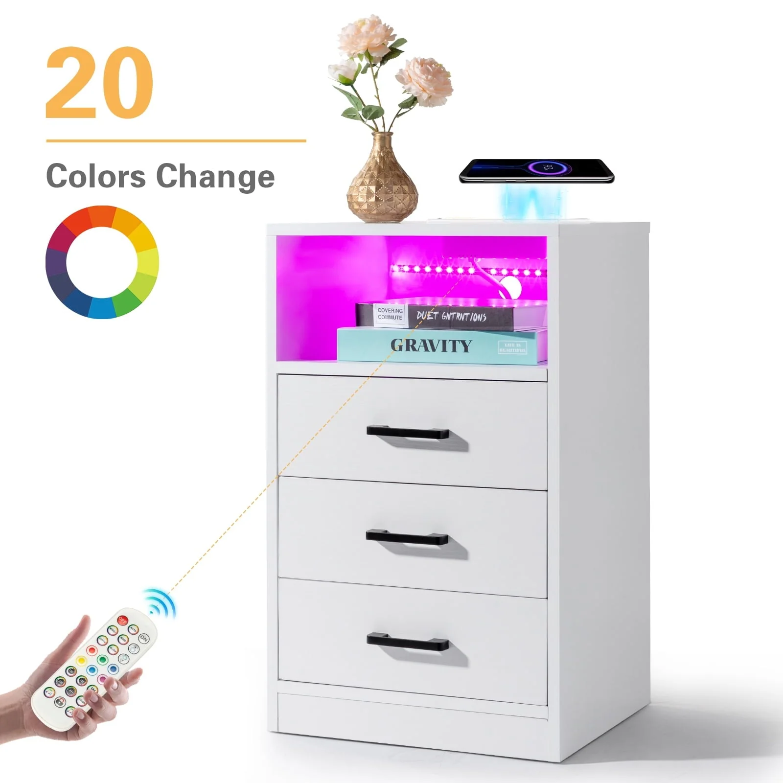 UBesGoo Nightstand with Wireless Charging Station and LED Lights, Modern End Side Table with 3 Drawer and Open Storage for Bedroom,White