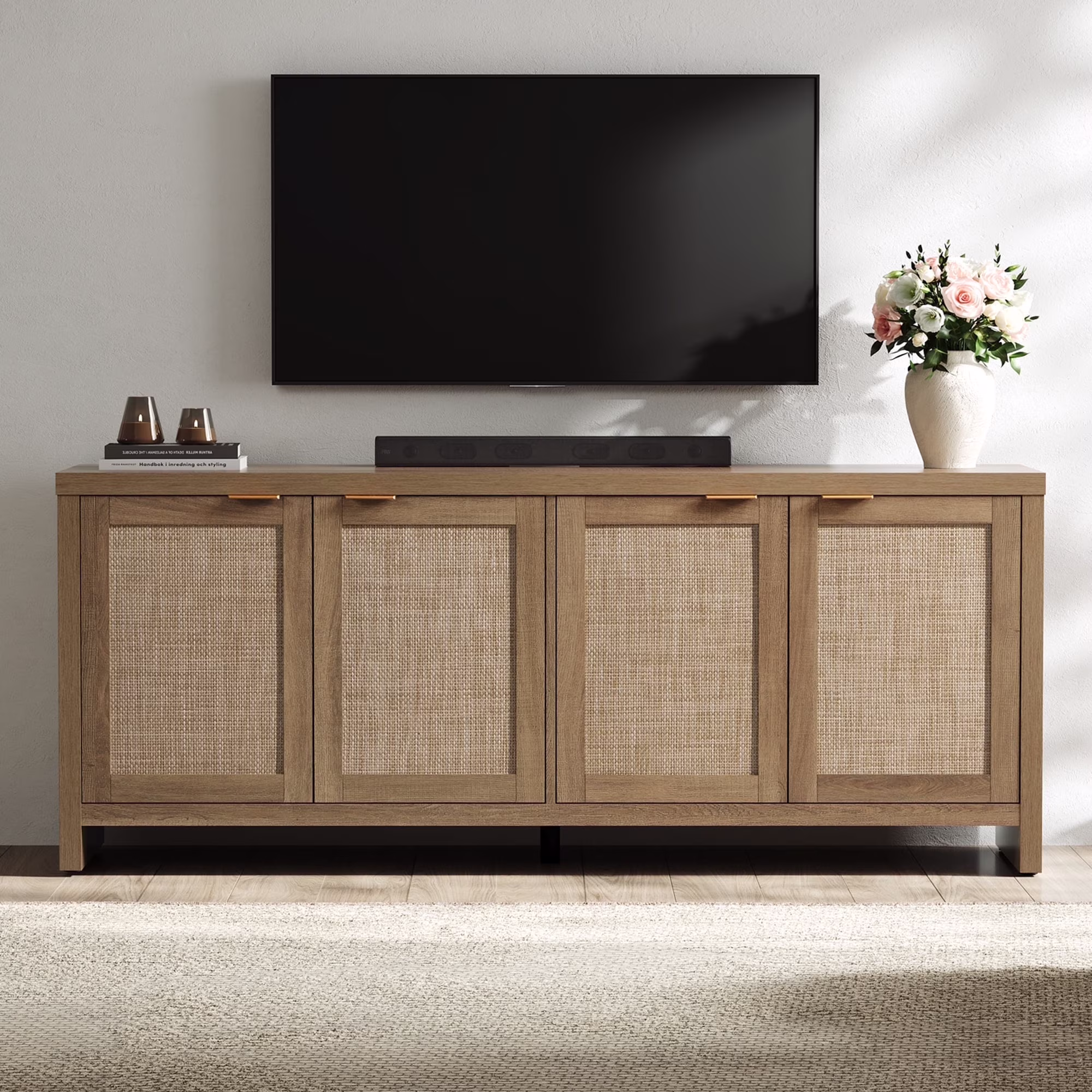 SICOTAS 61.5"W Rattan TV Stand with 4 Doors, Boho Entertainment Center with Adjustable Shelves & Spacious Countertop �C Large Boho Farmhouse Media Console for Living Room, Reclaimed Caramel Oak