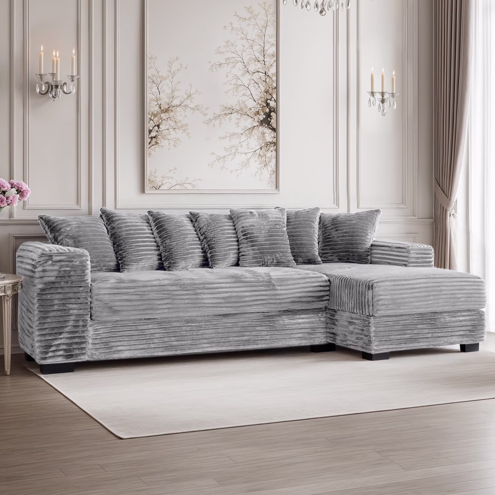 Advwin 110" Oversized L Shaped Sofa with Chaise, Comfy Plush 2-Piece L-Shaped Sectional Couches with 8 Pillows, Soft Fluffy Upholstered Sofa Bed for Living Room Apartment Bedroom, Light Gray