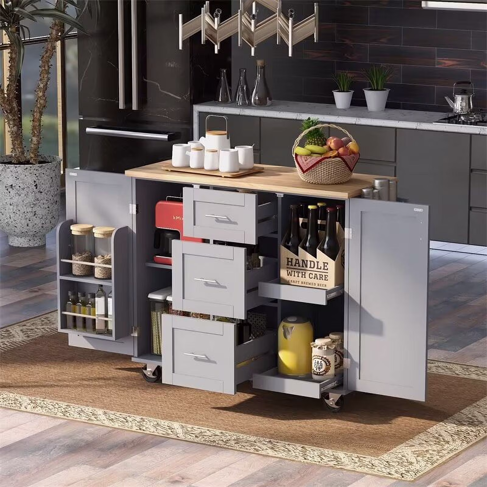 51 Inches Kitchen Island Cart with Rubber Wood Top, 3 Drawer, 2 Slide-Out Shelf and Internal Storage Rack, Mobile Trolley Bar Serving Cart on Wheels with Spice Rack & Tower Rack, Grey Blue