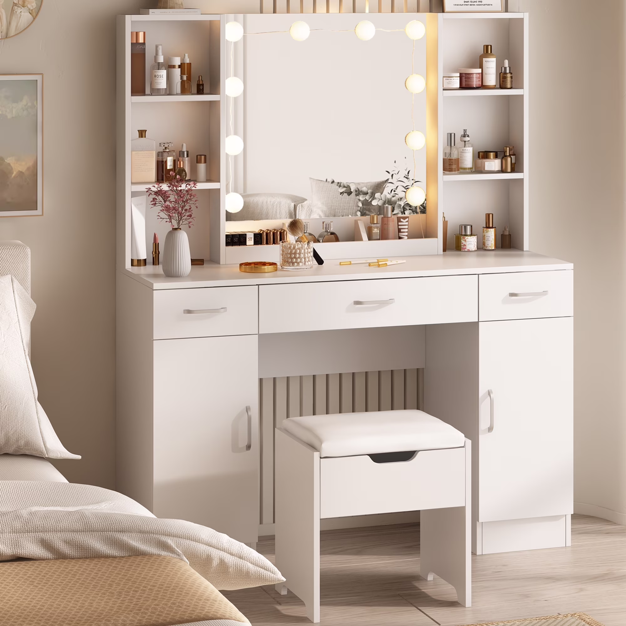 VEANERWOOD Large Makeup Vanity Set with Light Modern Makeup Vanity Table with Storage and Adjustable Lighting Colors for Bedroom 45.2in, White