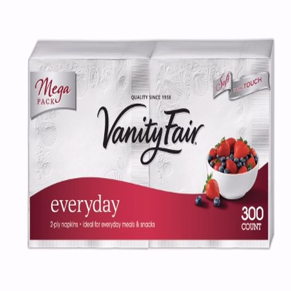 Vanity Fair 2-Ply Everyday Napkins, 13" X 6", White (Pack of 16)