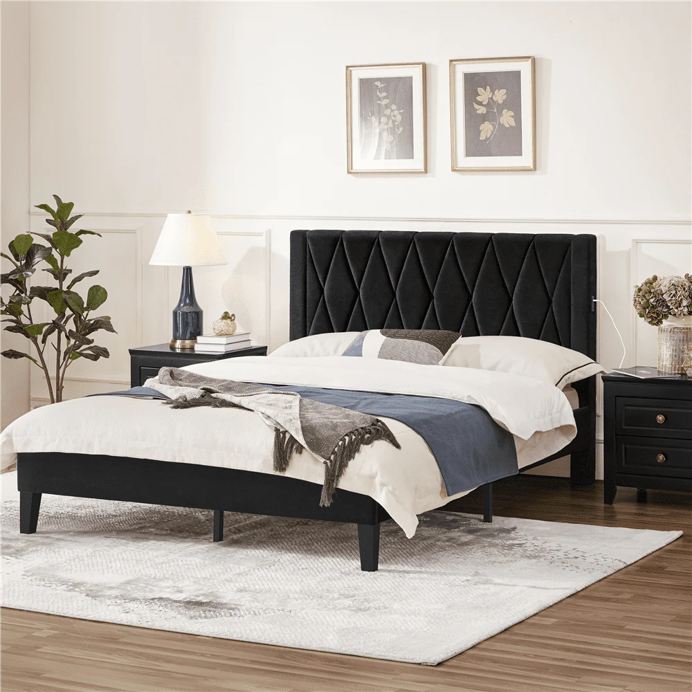 Yaheetech Upholstered Bed Frame with Built-In USB Ports and Tufted Headboard, Full Size, Black