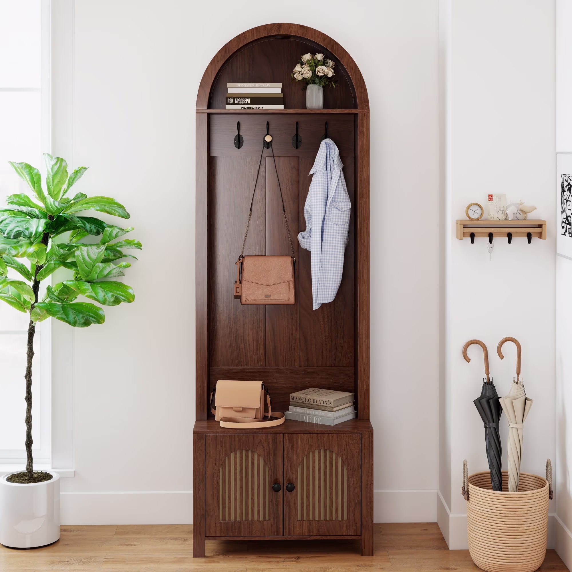 Hall Tree 70.9" Narrow Arch Coat Modern Farmhouse Rack with 4 Hooks and 2 Fluted Doors for Hallway Entryway Mud Room Bedroom Living Room Walnut