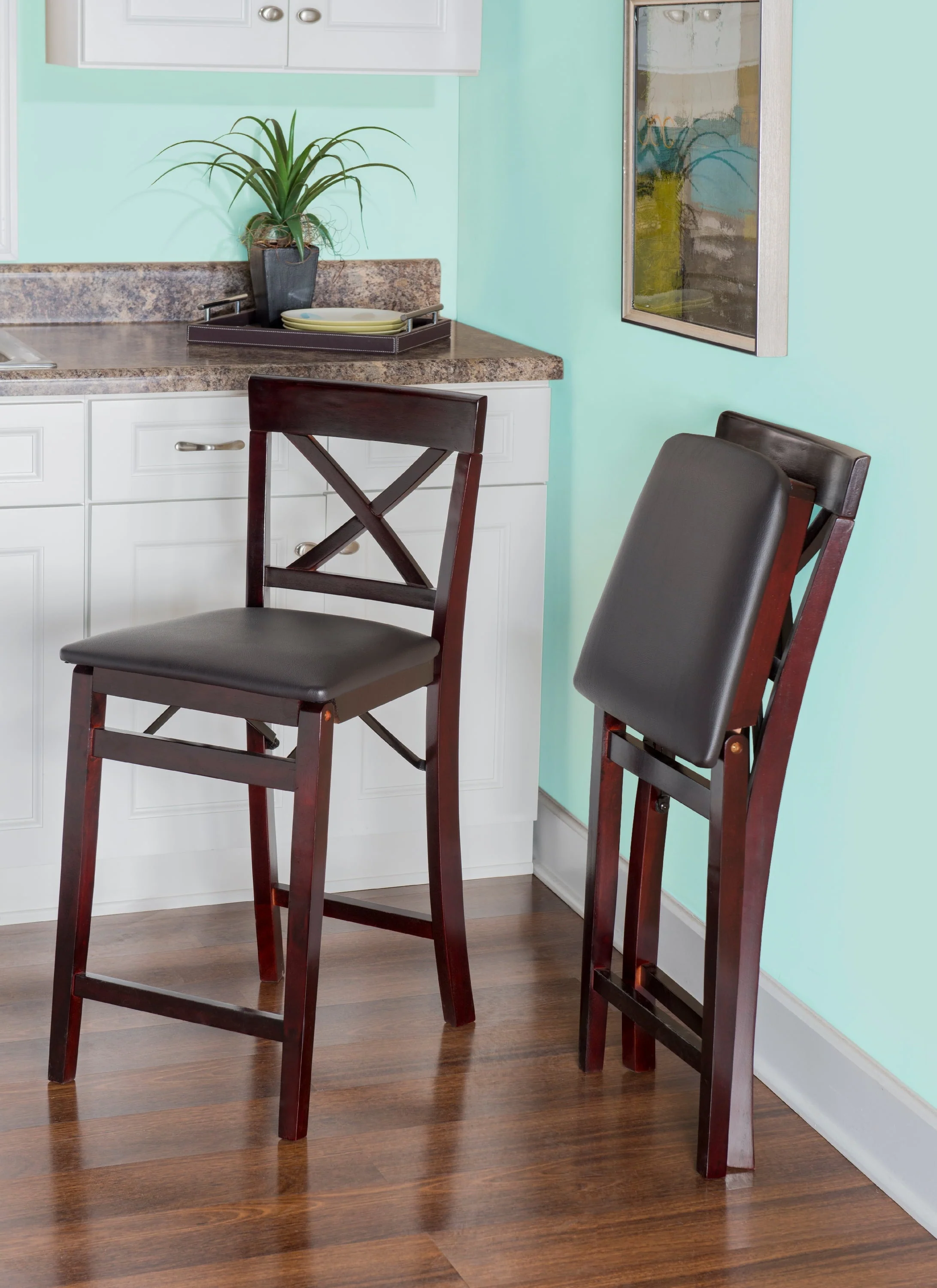 Linon Triena Folding Counter Stool in Dark Cherry with Dark Brown Faux Leather