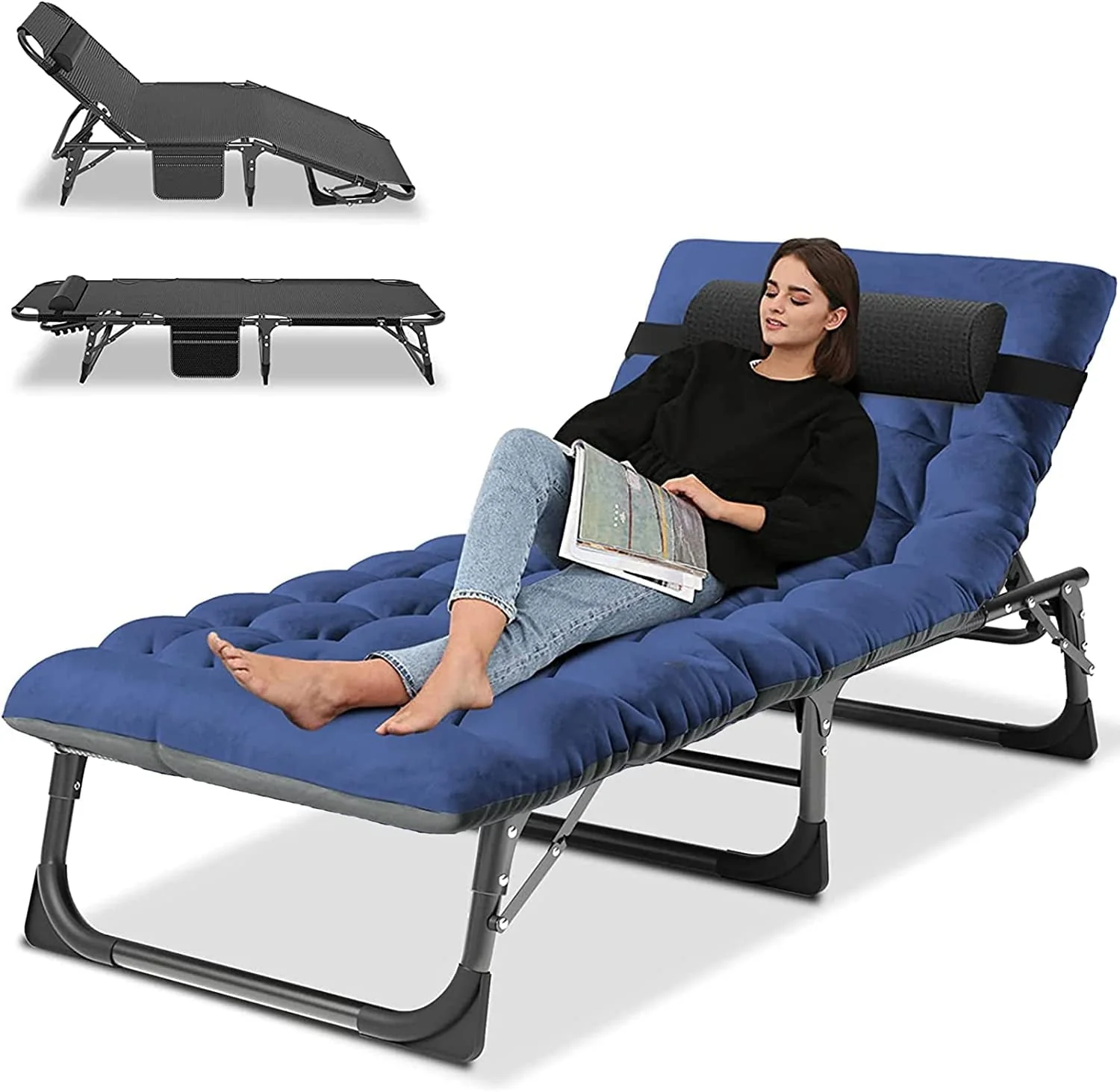 Slsy 4-Fold Folding Camping Cot with 2 Sided Mattress & Pillow, Adjustable 5-Position Folding Lounge Chair, Folding Sleeping Cots
