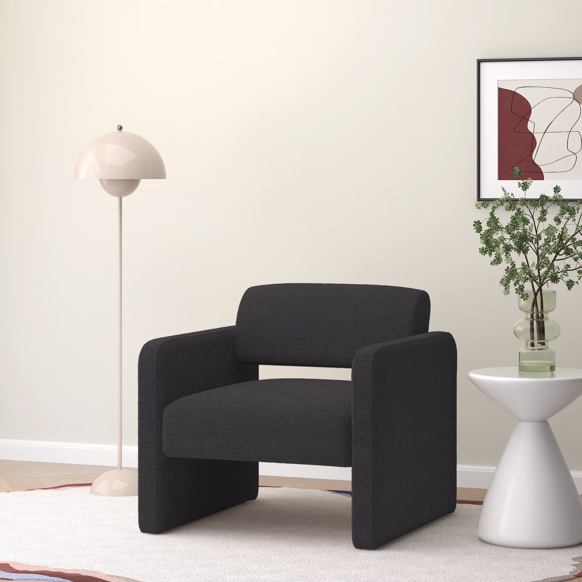 30" Modern Upholstered Single Sofa Chair, Modern Accent Chairs with Armrest, Cut Out Backrest Side Chair for Dining Room, Bedroom, Living Room, Reception, Black