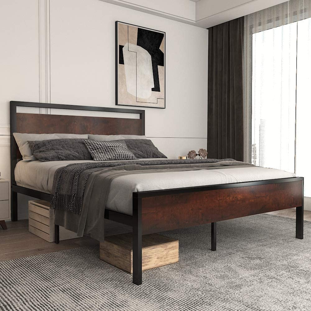 Allewie Sanders Full Size Metal Platform Bed with Wood Headboard and Footboard & Metal Slat
