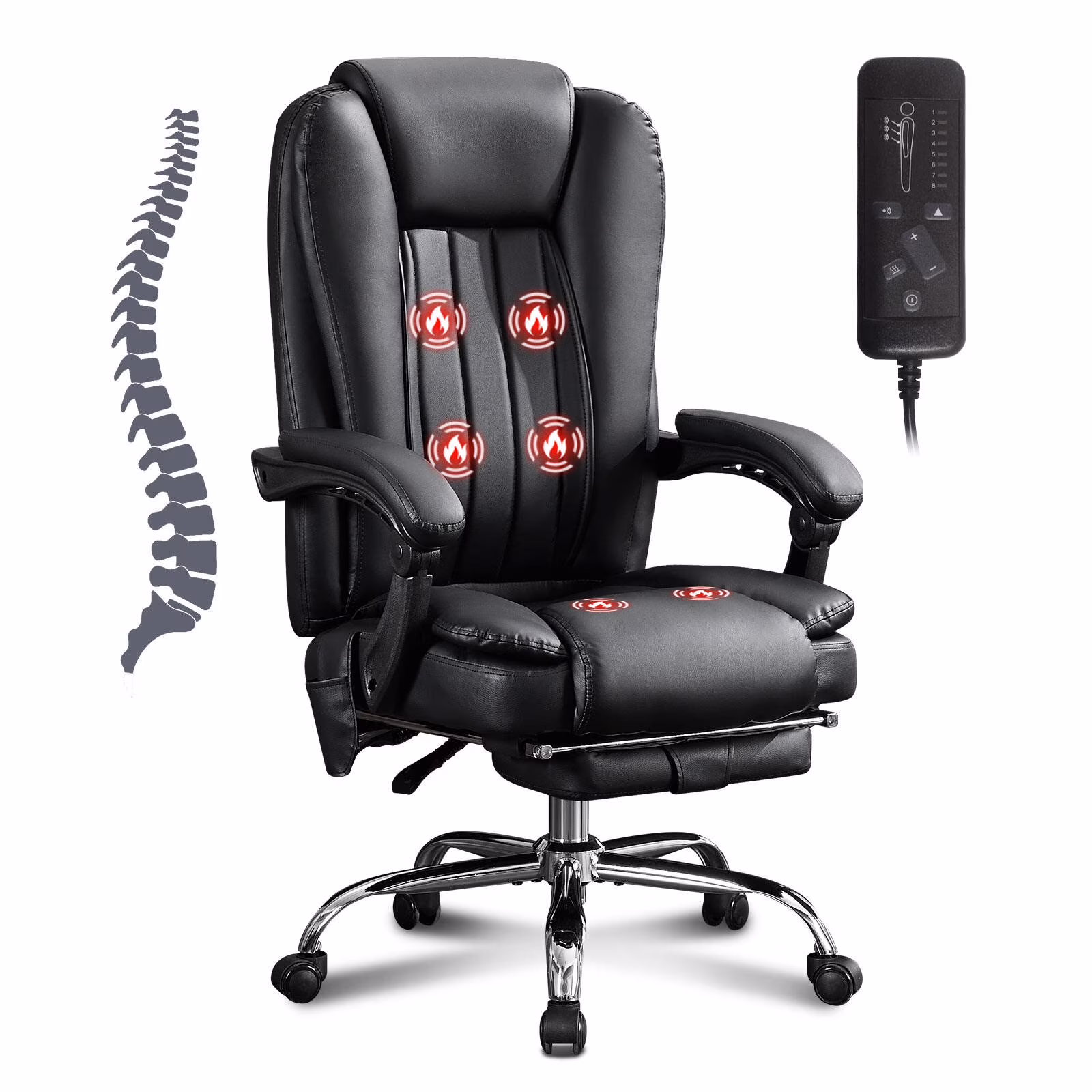 Massage Office Chair with Heat & Footrest, 6 Vibration Points Executive Chair - Black Leather Recliner with Wheels