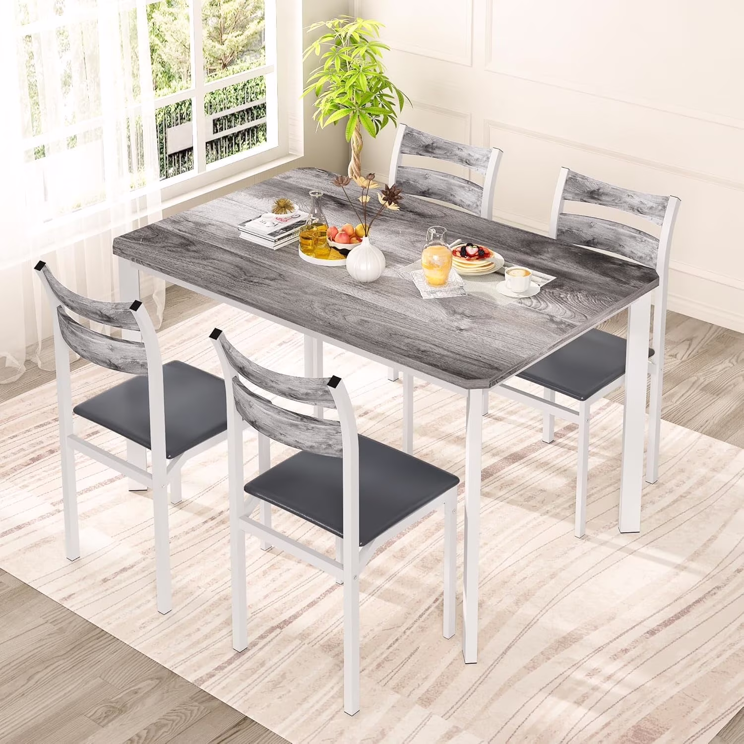 LinkRomat Dining Table Set for 4, 43.3" Dining Room with 4 Upholstered PU Leather Chairs,5-Piece Dinette Breakfast Nook, Modern Wood Table and Chairs Set,Small Places,Grey