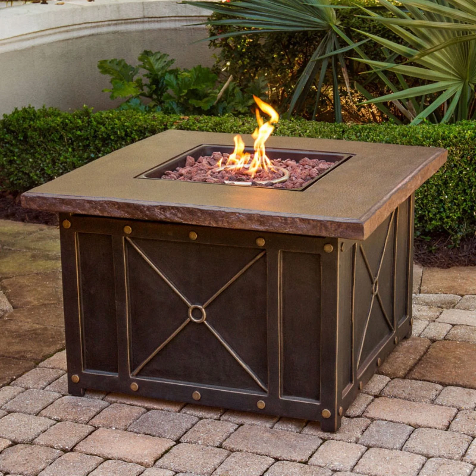 Hanover Outdoor 40" Square Gas Fire Pit with Durastone Top