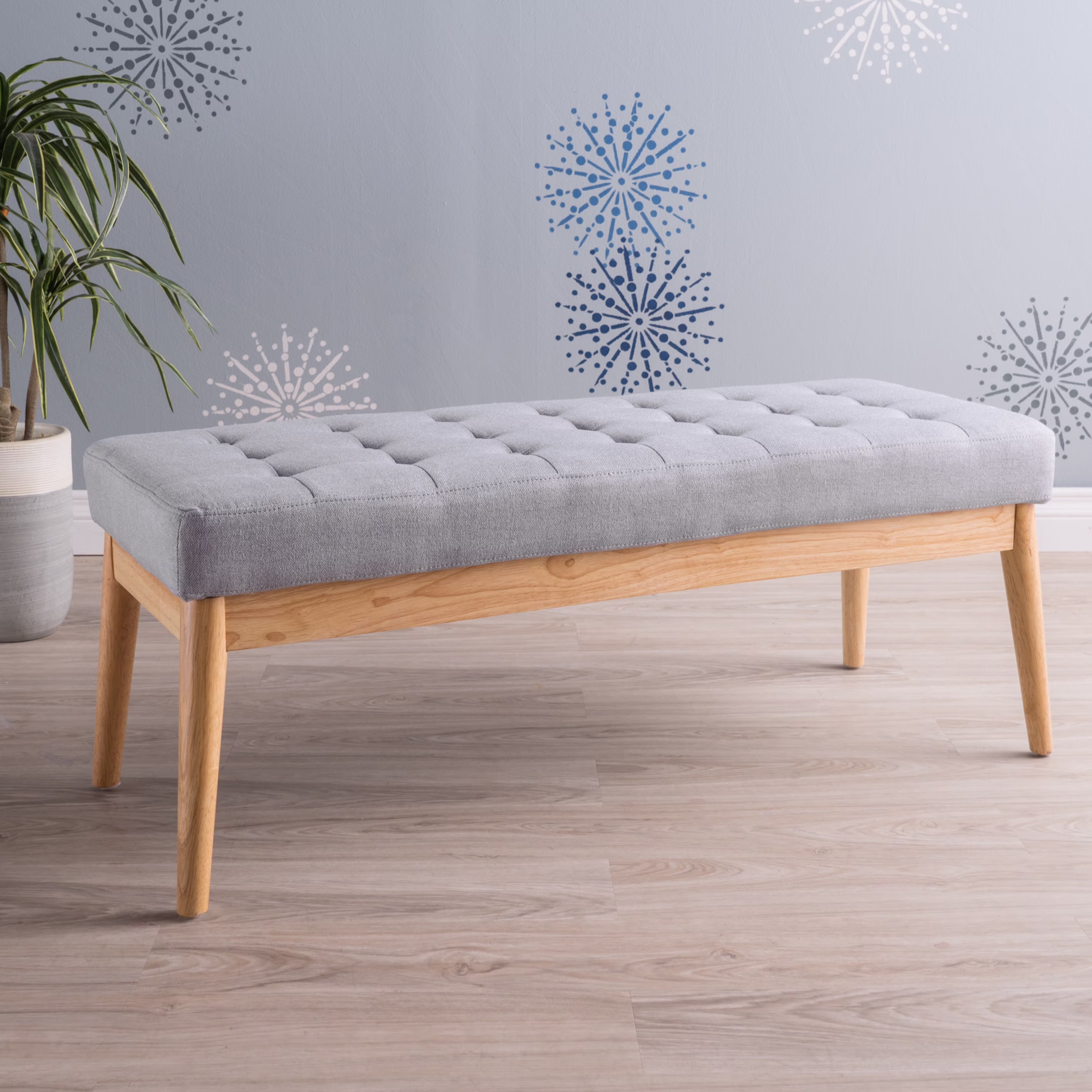 44.75" Mid-Century Tufted Bench �C Solid Birch Legs �C Plush Polyester Blend �C 17" Height �C 19.62 lbs