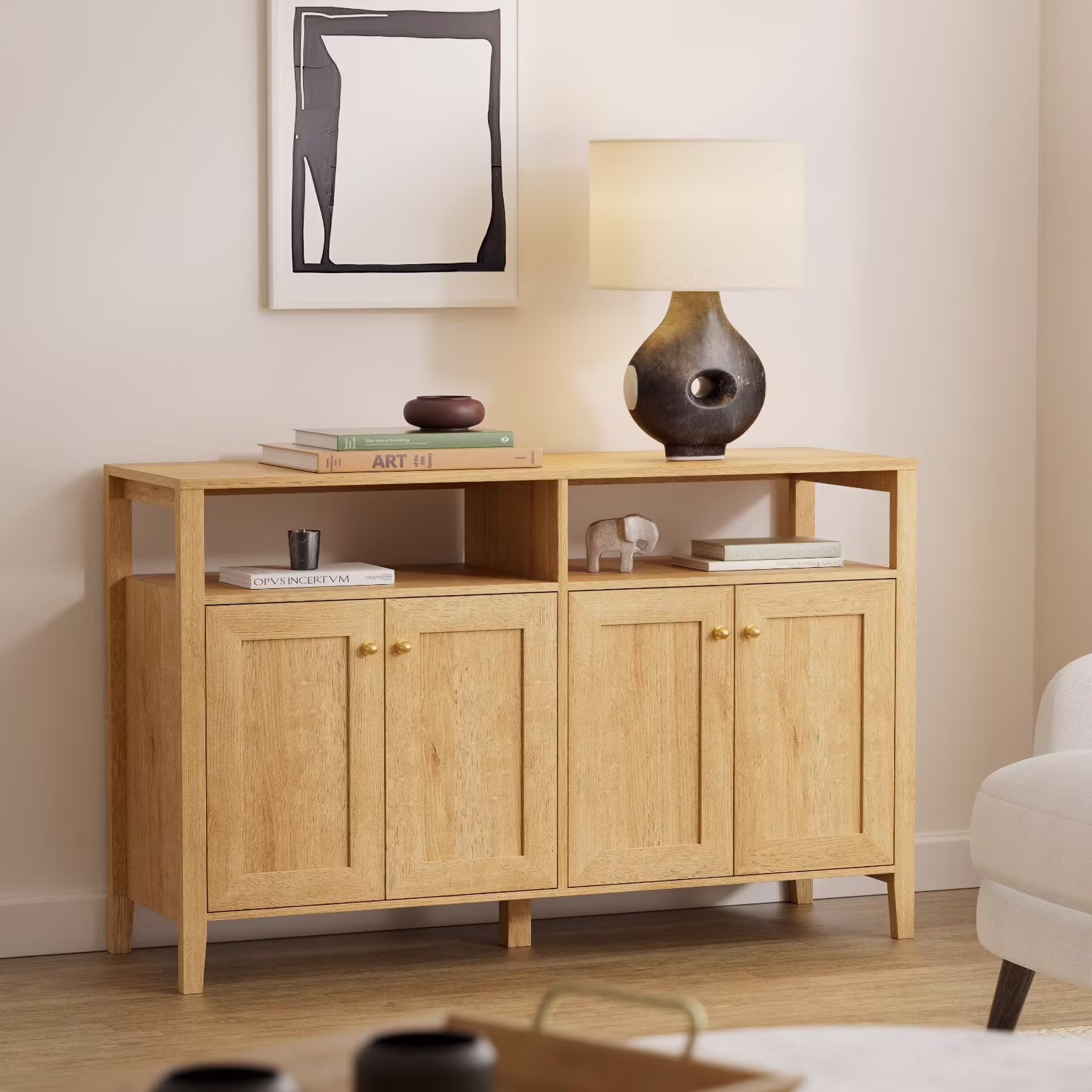 EYYTHUNG Farmhouse TV Stand with 4 Doors, 47" Buffet Sideboard Storage Cabinet with Open Shelf and Adjustable Shelf, Wood Boho Media TV Console Table Coffee Bar Cabinet, Natural Oak