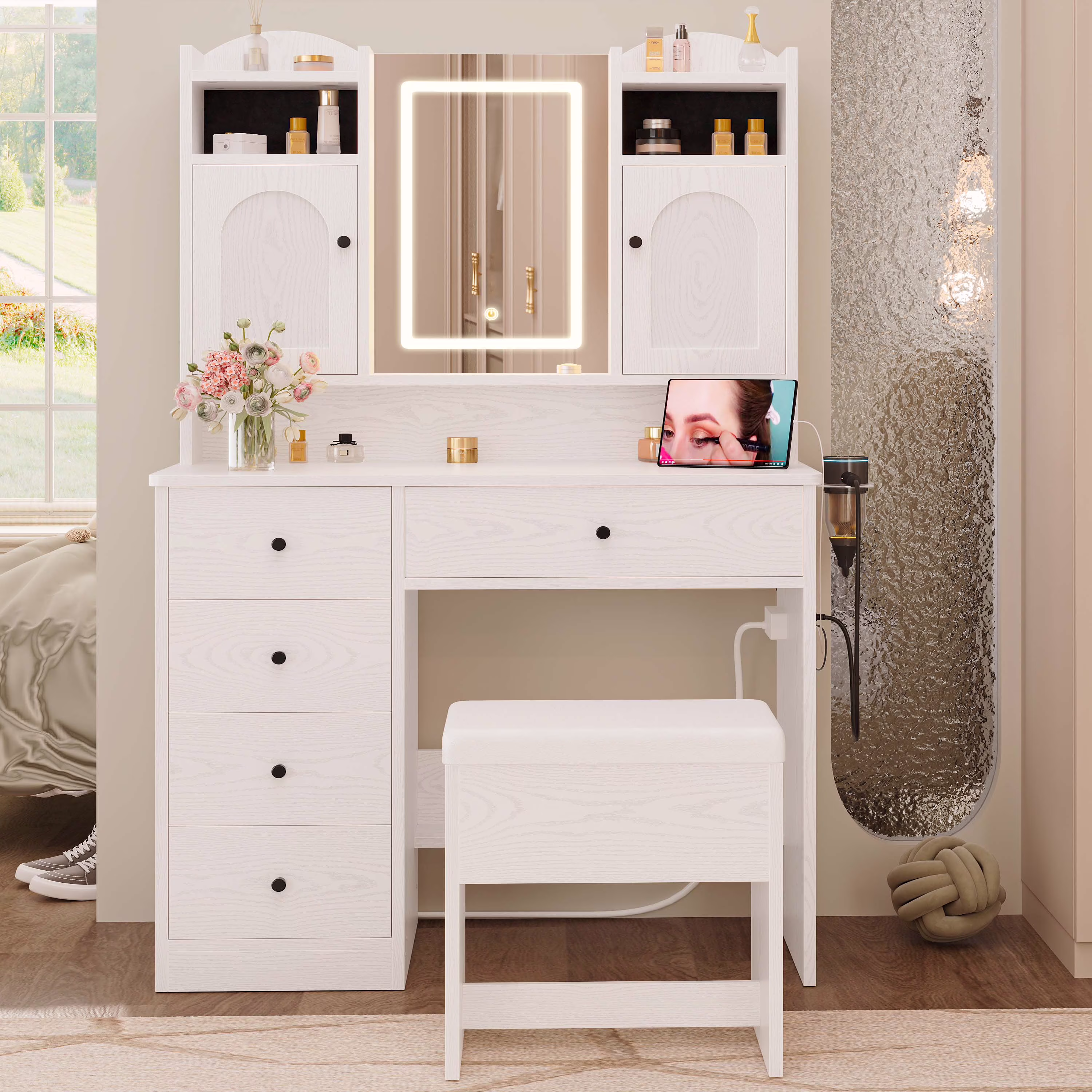 IRONCK White Vanity Set with Mirror and Lights, Makeup Vanity Desk with 5 Drawers & 2 Cabinets & Charging Station