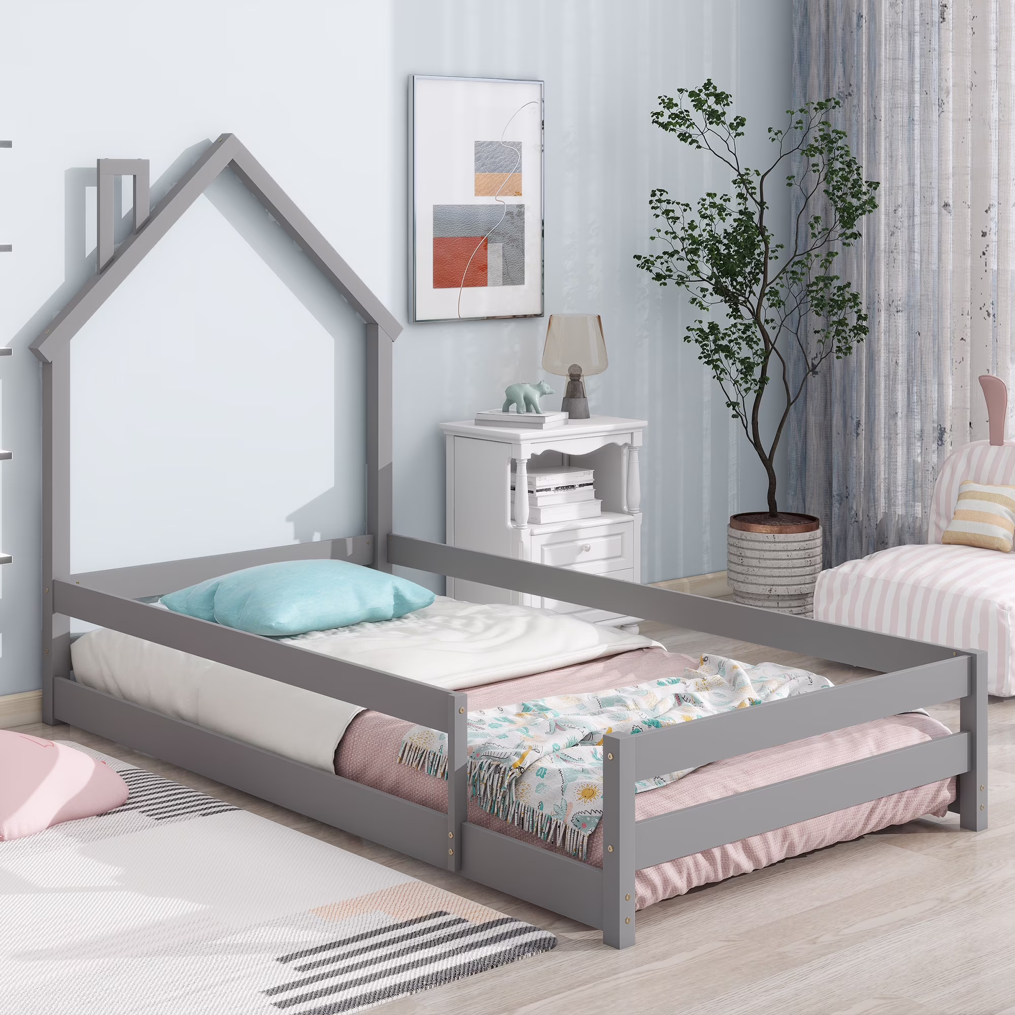 Gewnee Twin Size Wooden Children's Bed with House Shape Headboard, Fenced Floor Bed,  Gray