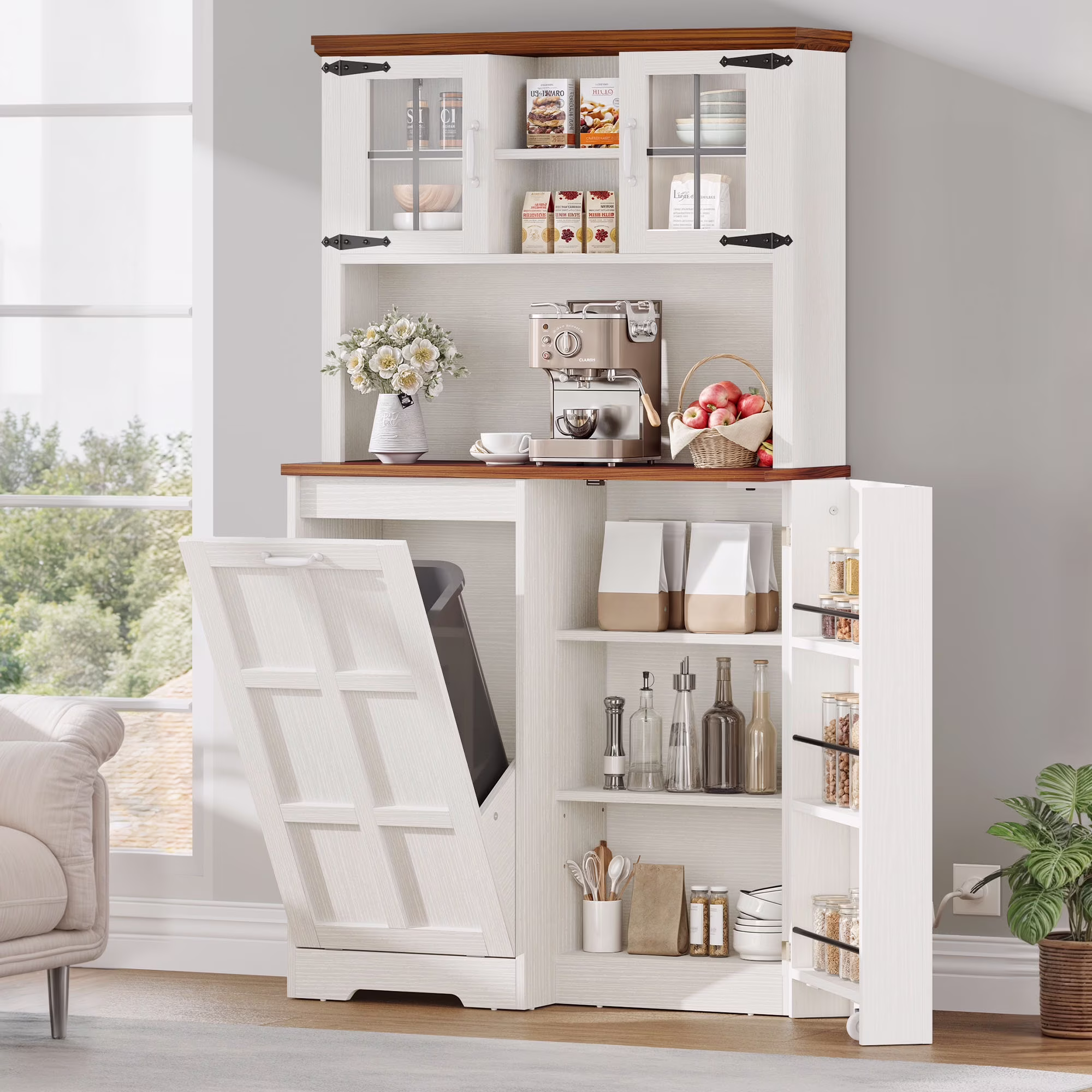 Craftian Pantry Cabinet with Doors & Shelves, Kitchen Pantry Tilt Out Storage Cabinet for 13-gal Trash Bin, White