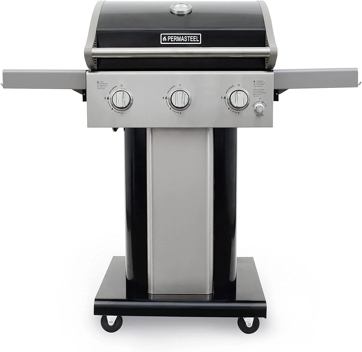 Permasteel 3-Burner Gas Grill, Compact Propane Grill, Outdoor BBQ, Foldable Side Tables, Black