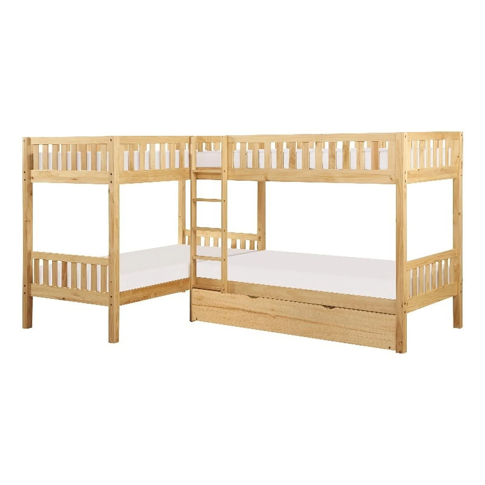 Lexicon Contemporary Wood Corner Bunk Bed with Twin Trundle in Natural Pine