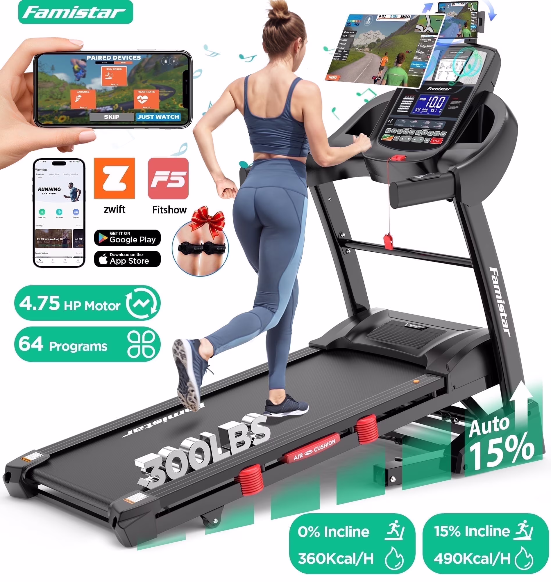 10MPH Folding Treadmill w/ 15% Auto Incline, 300lb Capacity, Treadmill for Home Portable Foldable Exercise Equipment Running Walking Machine, APP Control, 64 Programs, HiFi Bluetooth Speakers