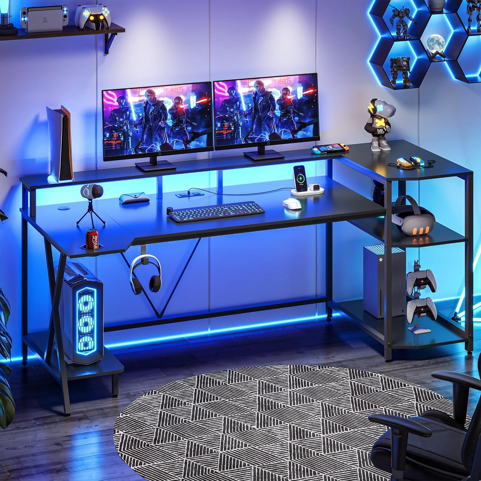 SEDETA Gaming Desk 70.8'' with LED Lights and Storage Shelves, Computer Desk with Monitor Stand, Power Outlets and Cup Holder, Large PC Gamer Desk, Gaming Table for Bedroom, Living Room, Black