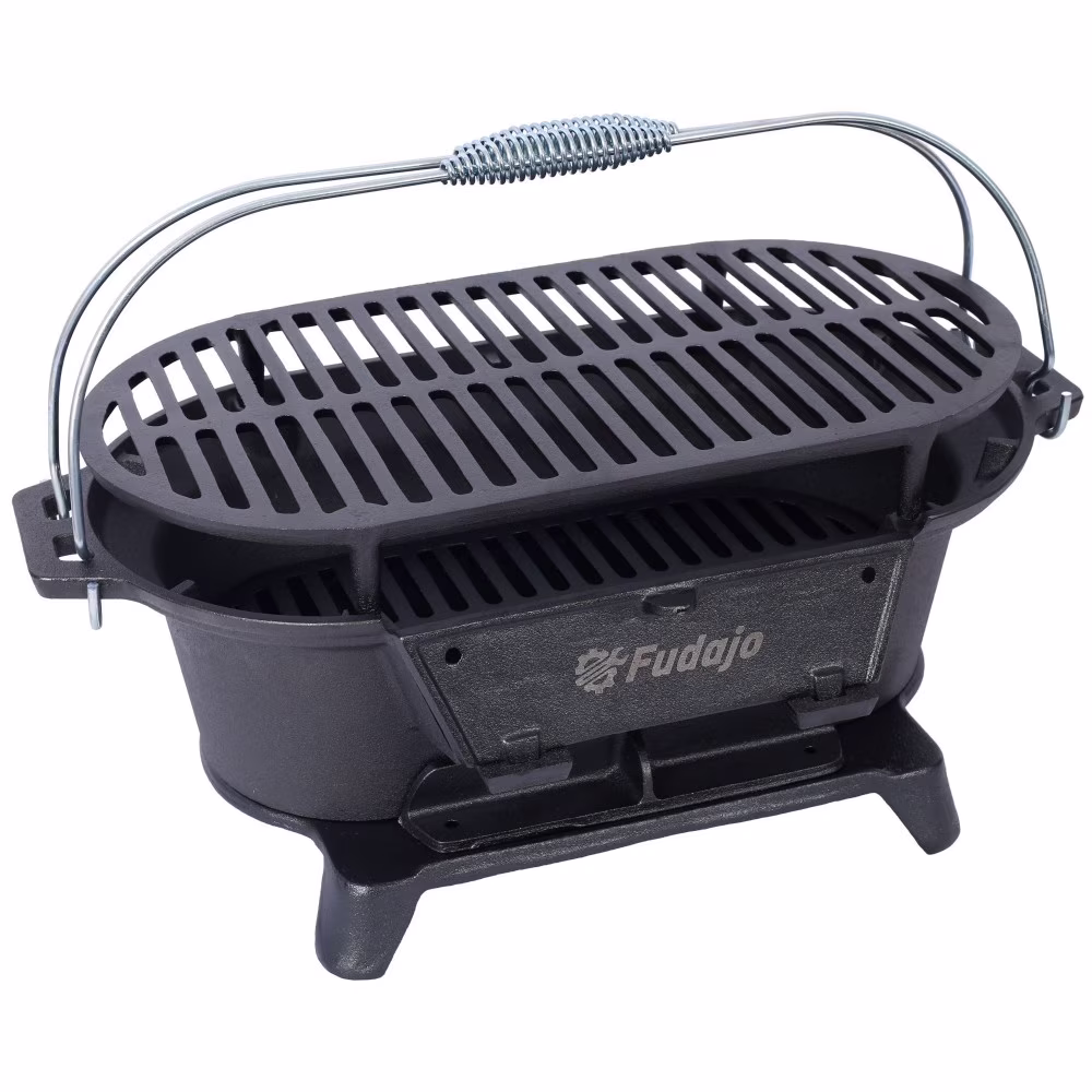 IVV Oval Cast Iron Grill Stove with Handle - Outdoor Camping Charcoal Grill, Portable Tabletop Cast Iron Skillet - Small Hibachi Grill for Outdoor Barbecues Camping Traveling