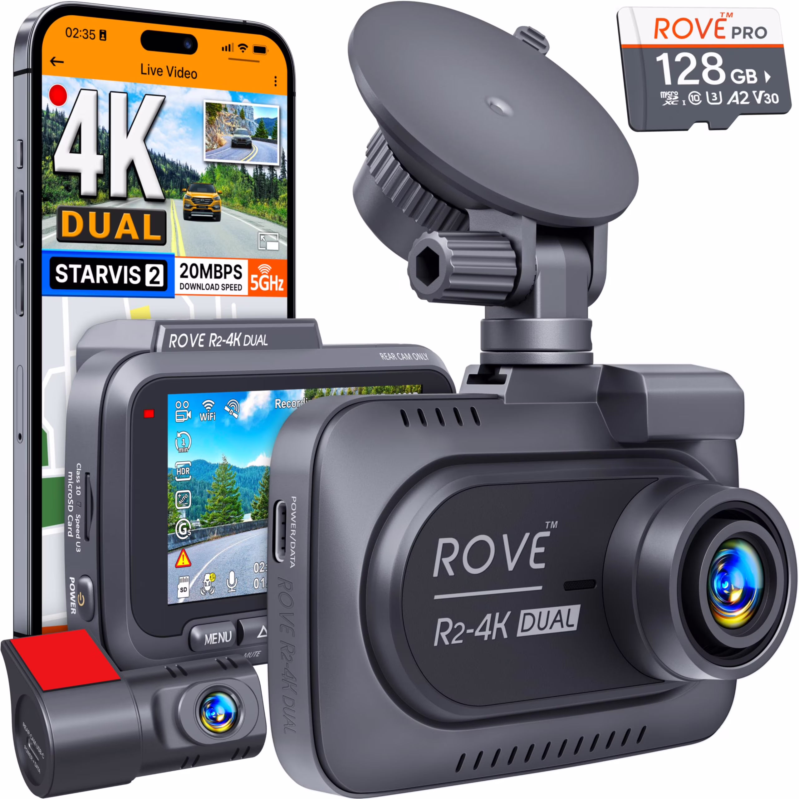 ROVE R2-4K DUAL Dash Cam Front and Rear, 2 Sensor, FREE 128GB Card Included, 5G WiFi - up to 20MB/s Fastest Download Speed with App, 4K 2160P/FHD Dash Camera for Cars, 3" IPS, 24H Parking Mode C93