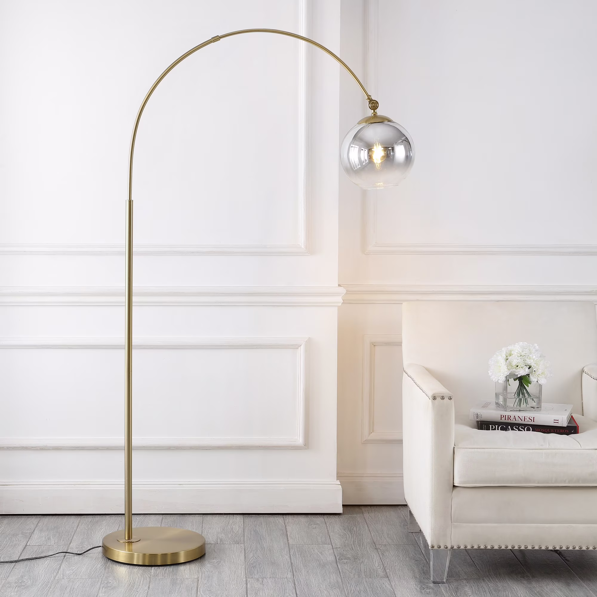 JONATHAN Y Nora 71" Coastal Vintage Iron LED Floor Lamp, Brass Gold/White, JYL3089A