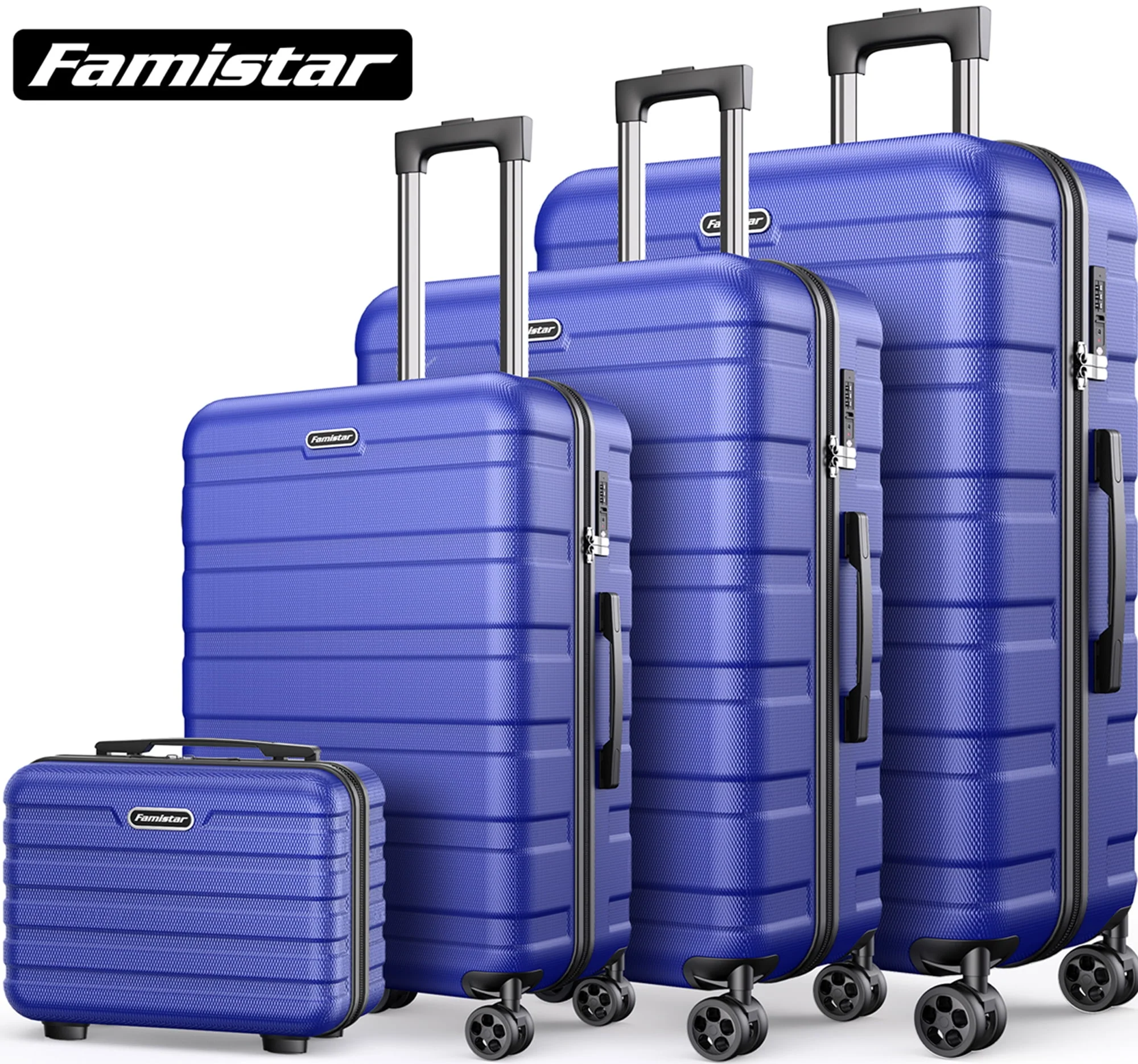 Famistar Carry On Luggage Suitcase Set 4 Piece - ABS Hardshell Luggage with Embedded TSA Lock, 360 ° Double Spinner Wheels - 14�?Travel Case, 20�?Carry On Luggage, 24�?and 28�?Checked Luggages, Blue