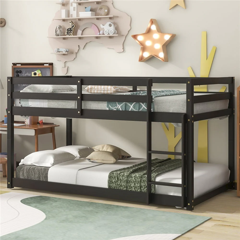 SEGMART Wood Twin Over Twin Floor Bunk Bed for Kids, Low Floor Bunk Bed with Safety Rail, Ladder, 400lbs Heavy Duty Bunk Beds for Boys Girls, Space-Saving Bedroom Dorm Furniture, Espresso