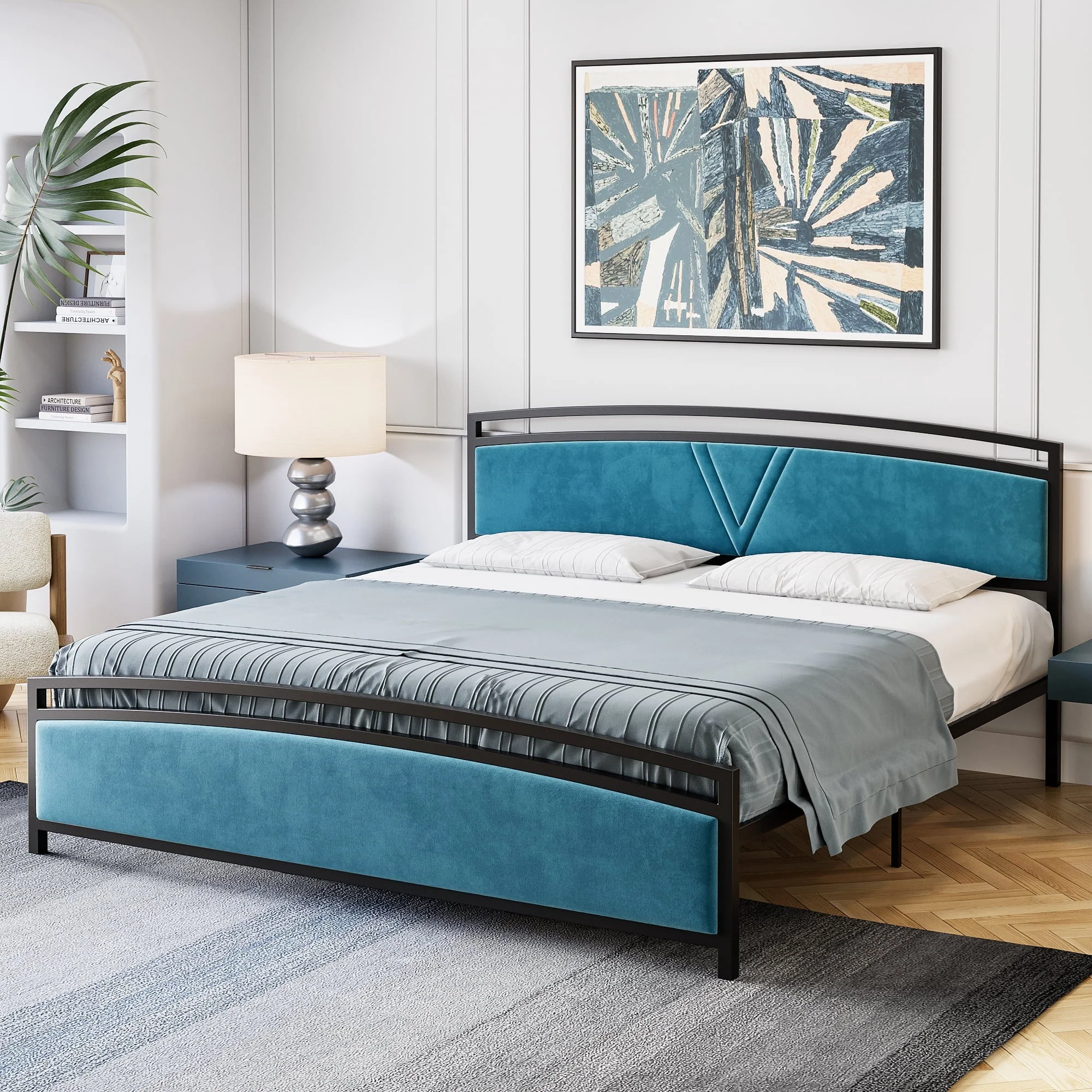 King Bed Frame with Tufted Headboard, Velvet Upholstered Bed Frame, Modern Platform Bed with Arc Design - Metal Slats Support - Noise-Free - Easy Assembly(Blue)