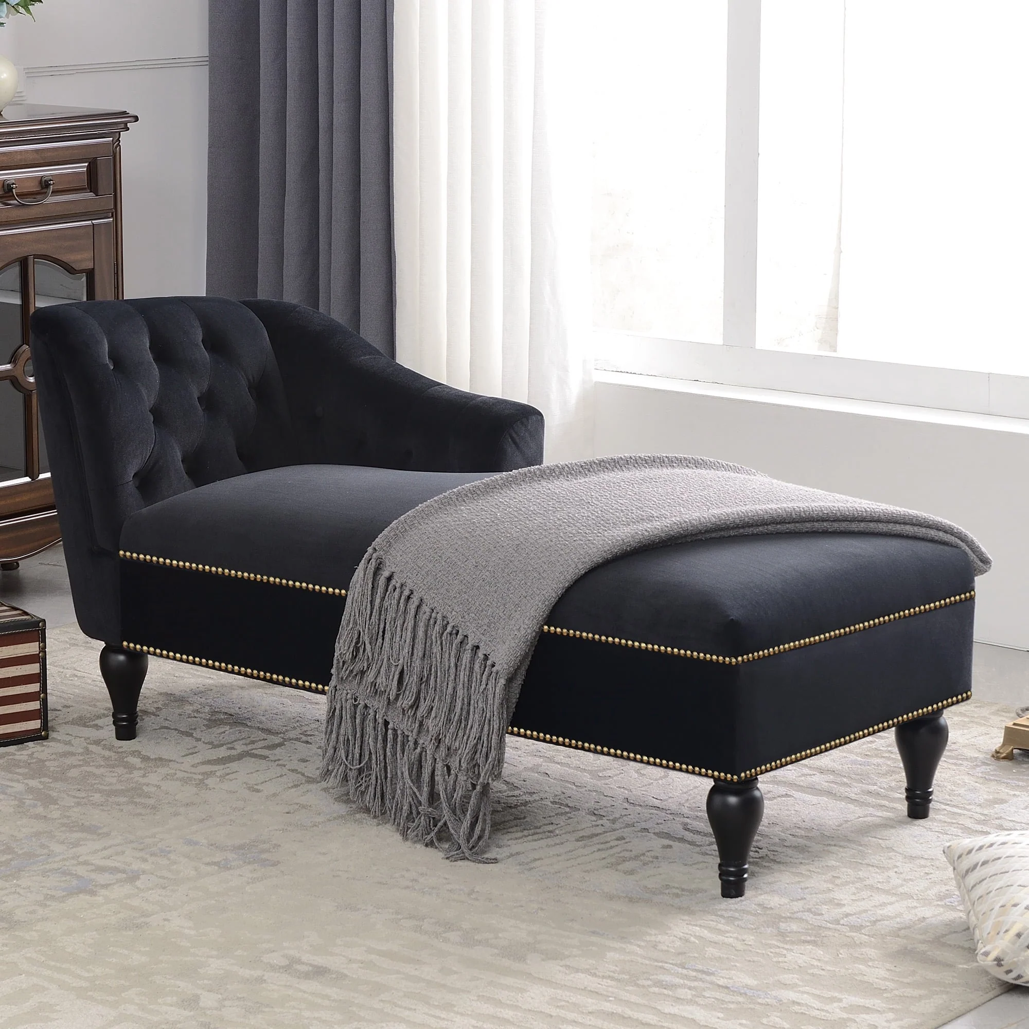 Ufurpie 58" Velvet Chaise Lounge Indoor,Sleeper Lounge Sofa with Nailhead Trim,for Living Room,Office,Apartment,Black