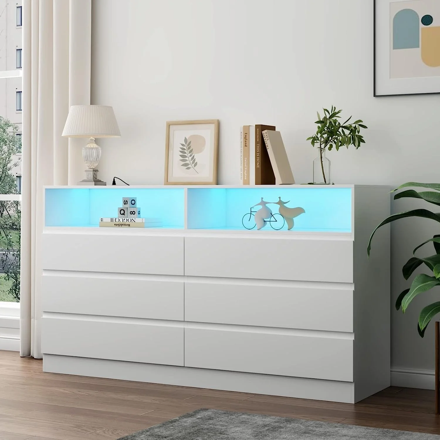 Gyfimoie 6 Drawer Double Dresser with Power Outlet, Accent Chests of Drawers with LED Light
