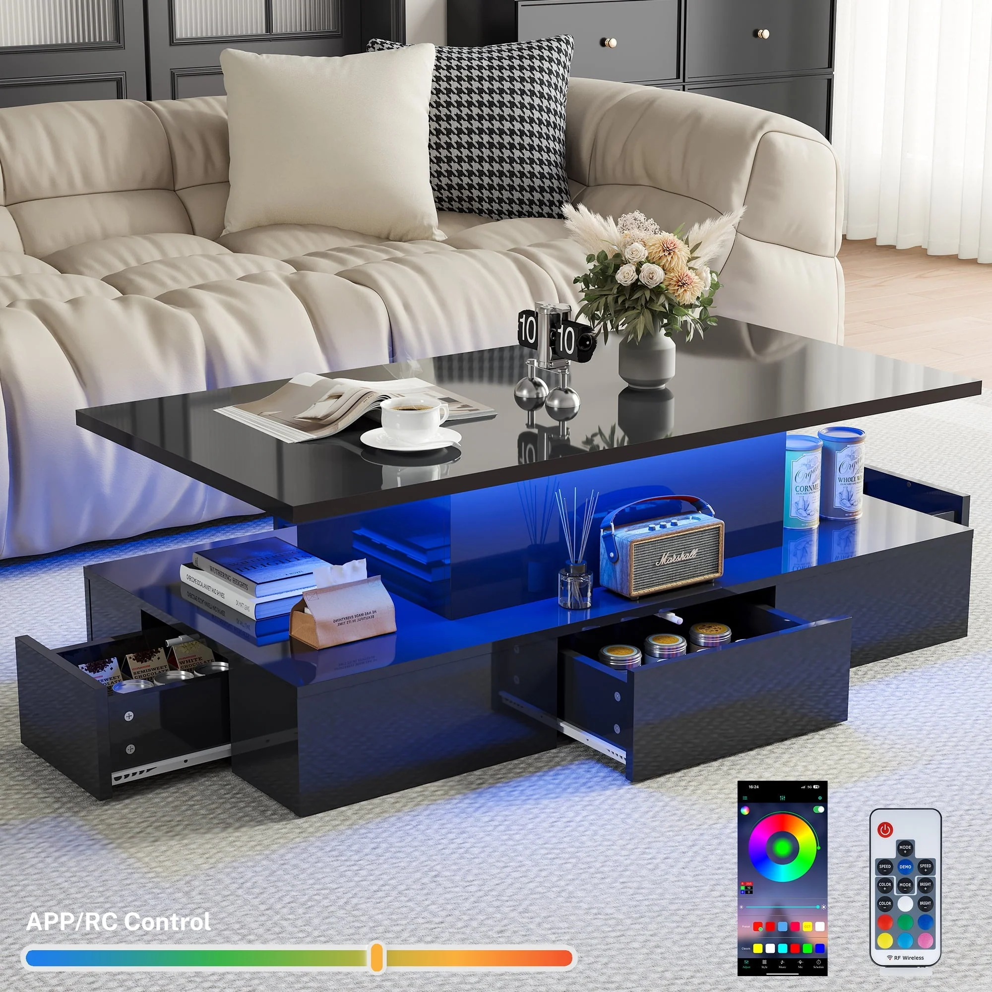 HSUNNS Black LED Coffee Table for Living Room, Modern High Glossy Center Table with 4 Drawers, Smart Cocktail Table Rectangle, Sofa Side Tea Tables with LED Lights, 40" L×24" W×15" H