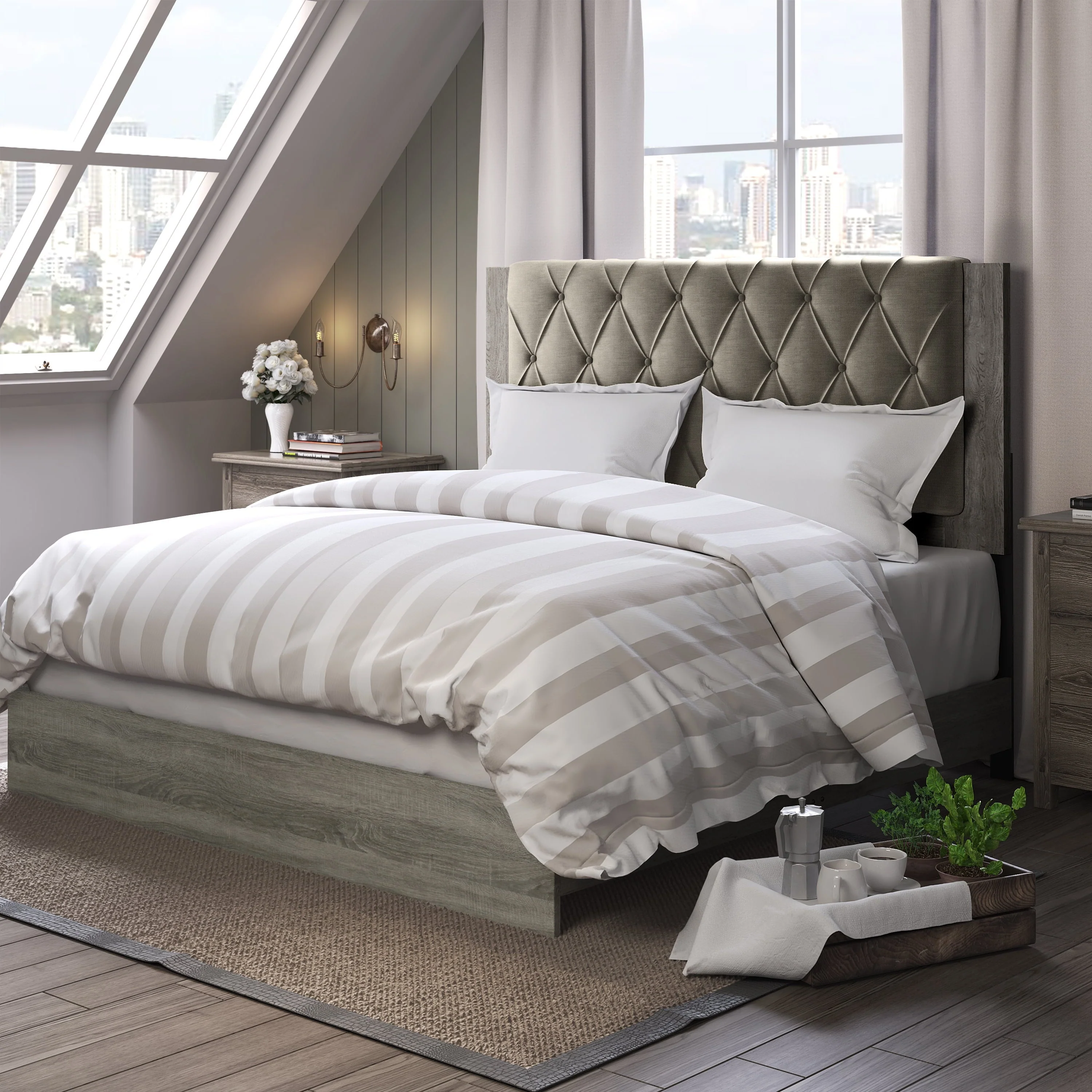 ClickDecor Kenton King Size Bed Frame with Tufted Headboard, Gray
