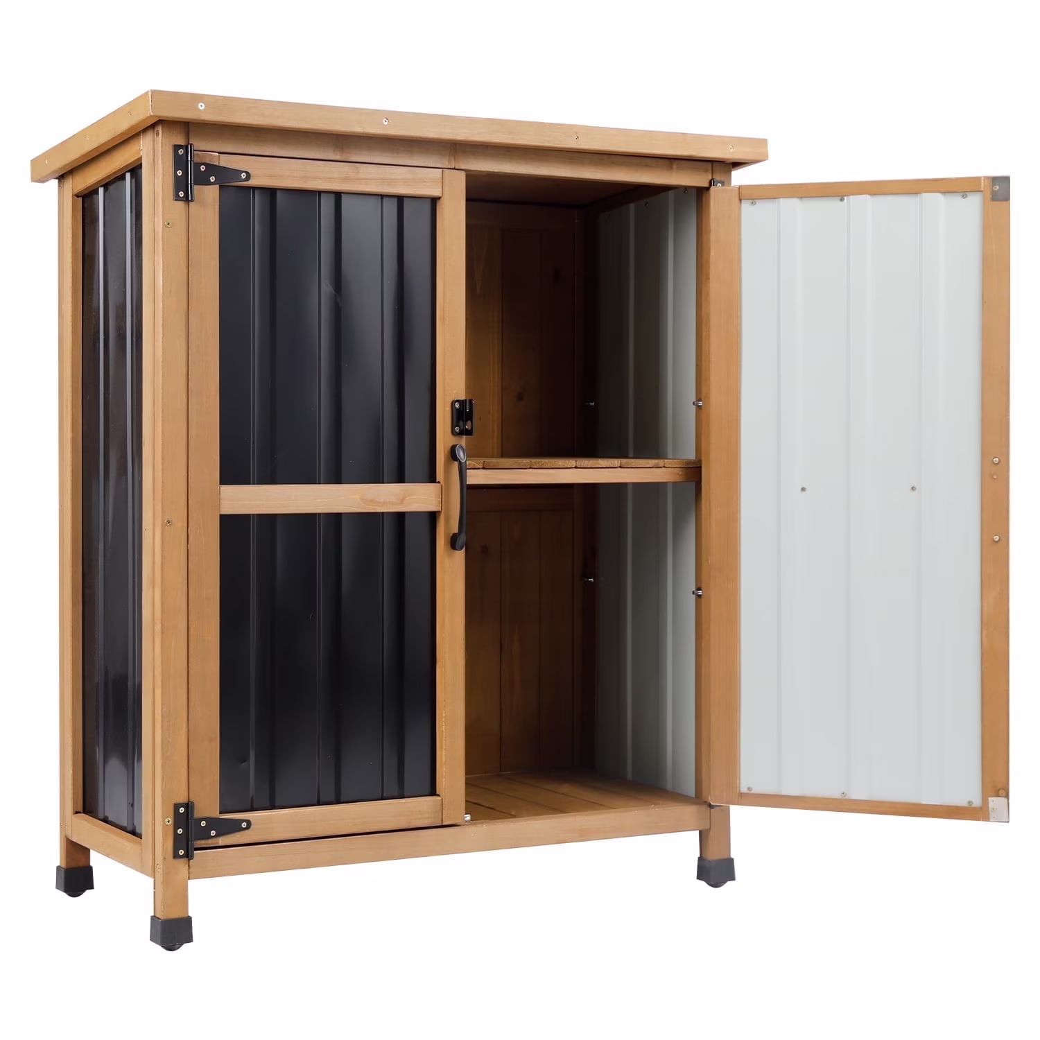 Outdoor Storage Cabinet Wood Storage Shed Waterproof Roof, Double Lockable Doors Garden Shed with Removable Shelves for Patio, Garden
