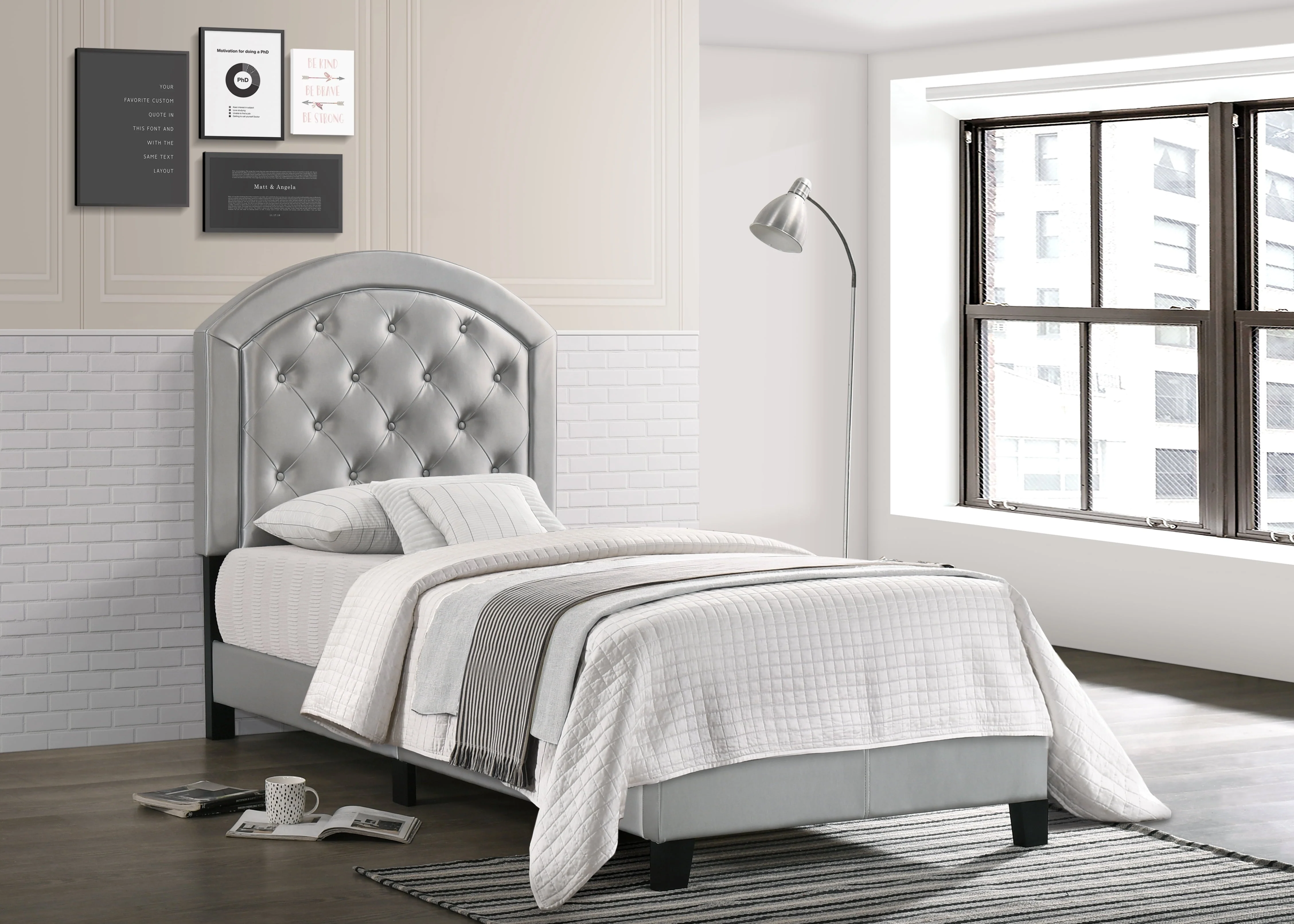 Crown Mark Silver Gaby Twin Platform Bed with Adjustable Headboard