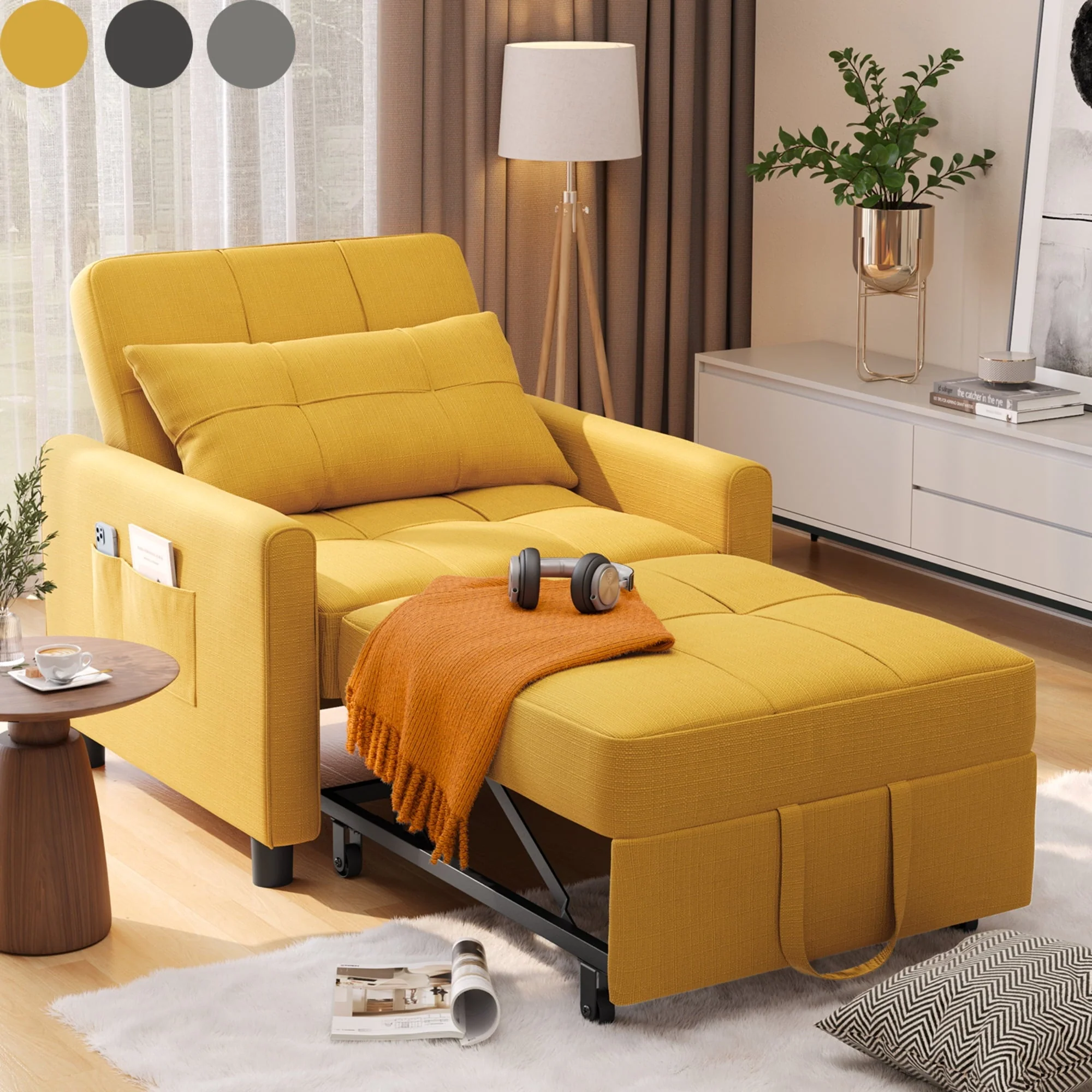 Chair Bed, Lofka Single Recliner Convertible Sofa Bed, 400lbs, Yellow