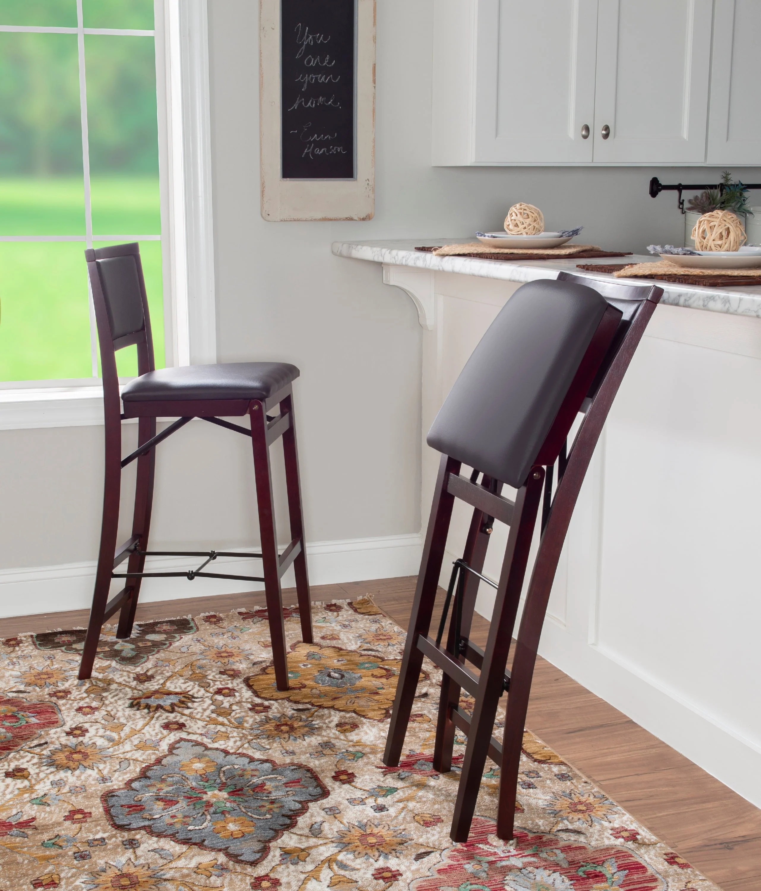 Linon Kristle Folding Padded Bar Stool, 30" Seat Height, Espresso Finish with Dark Brown PVC Fabric