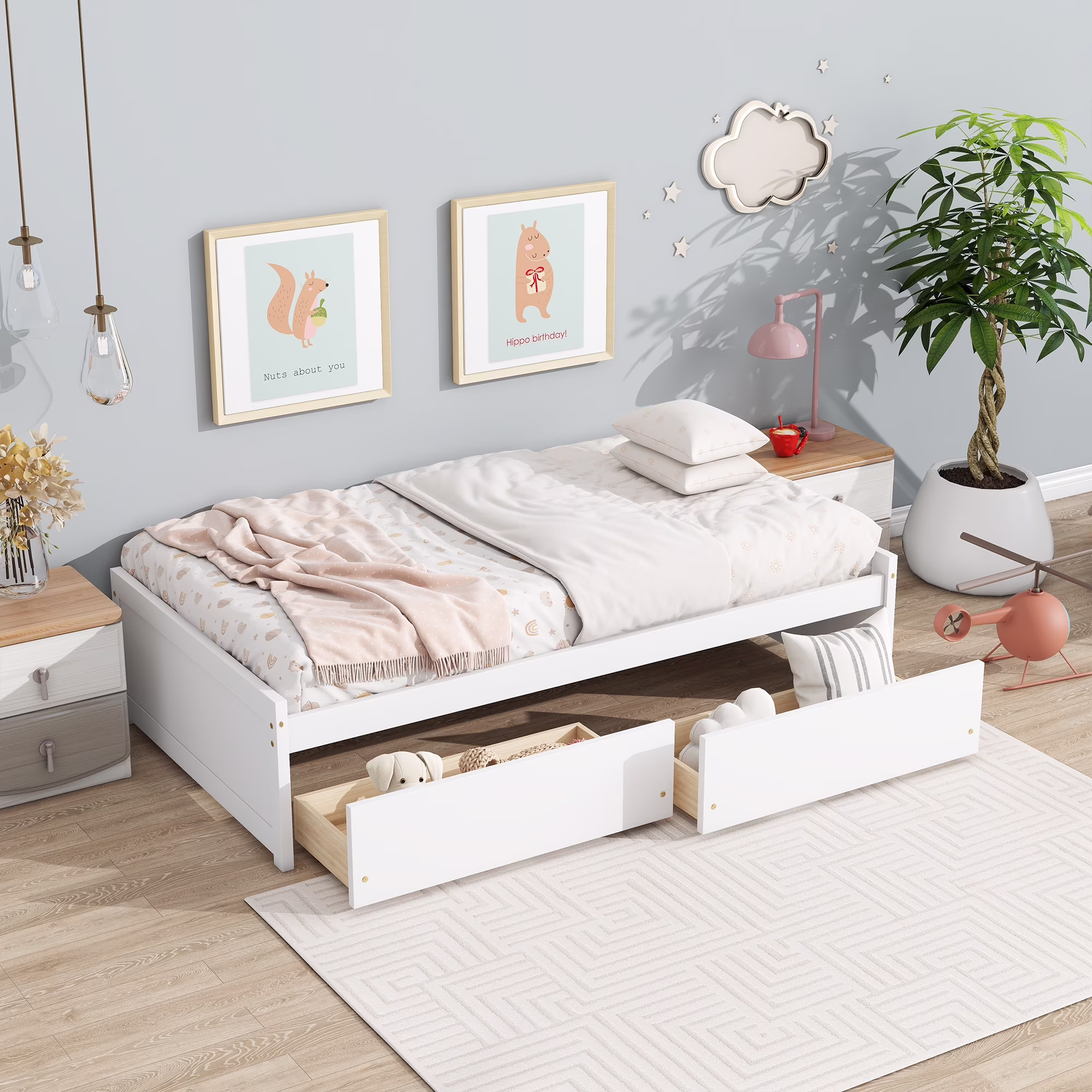 Miniyam Wood Twin Bed with 2 Storage Drawers for Kids, Bright White