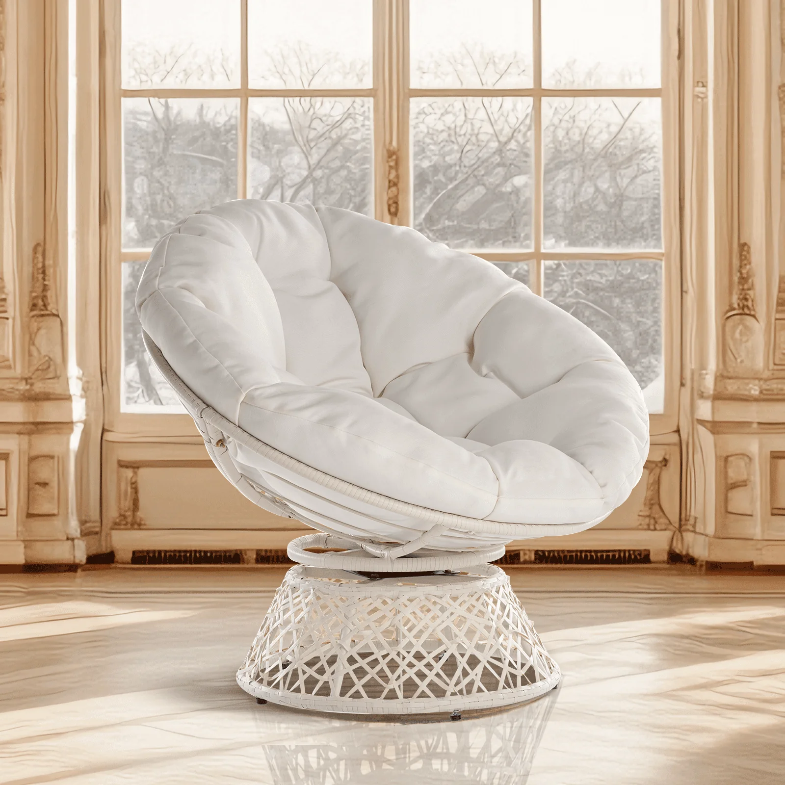 Aile 360 Swivel Comfy Papasan Chair with Fabric Cushion, Sturdy Metal Frame (Pure Pearl - White Frame)