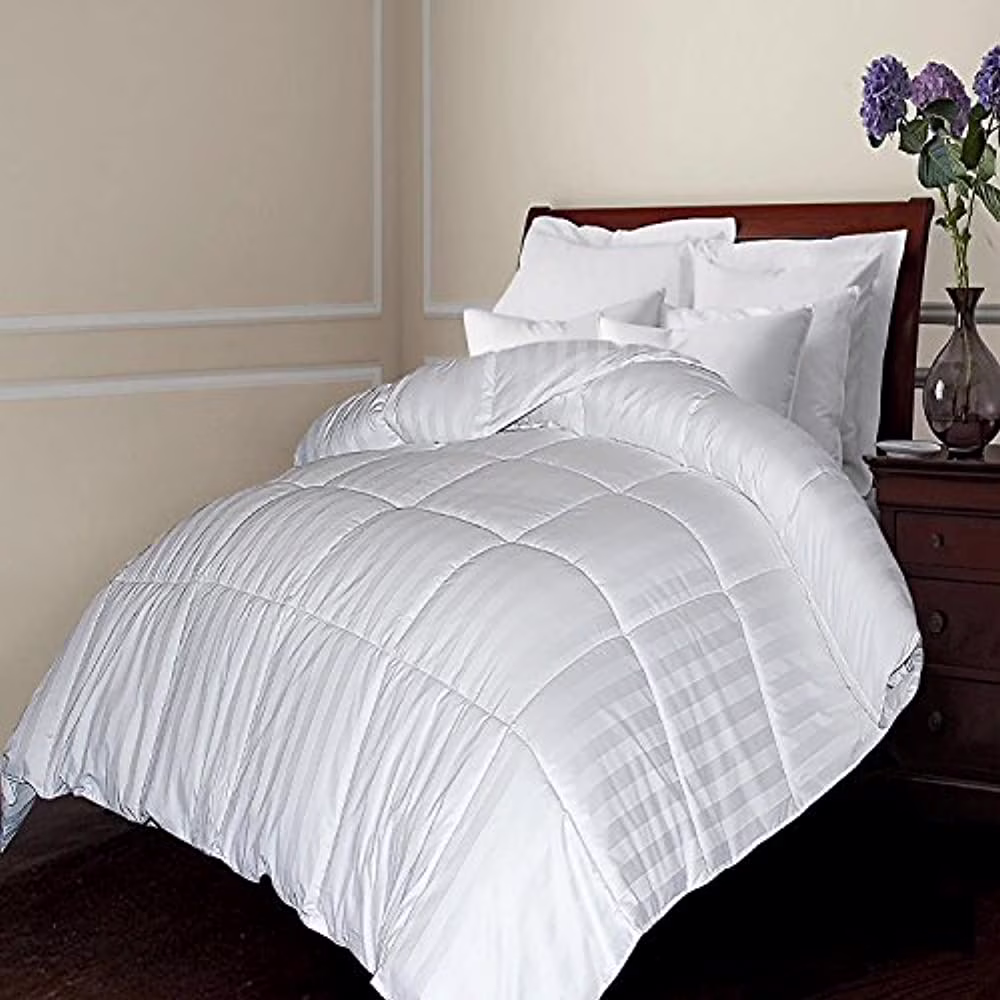 ROYAL LUXE 100% Cotton Damask Stripe White Down Comforter - All season, Lightweight Fluffy 600 Fill Power Duvet Insert,  500 Thread Count, w/8 Corner loops, Hotel Luxury Ultra Soft, 68x90 inches Twin