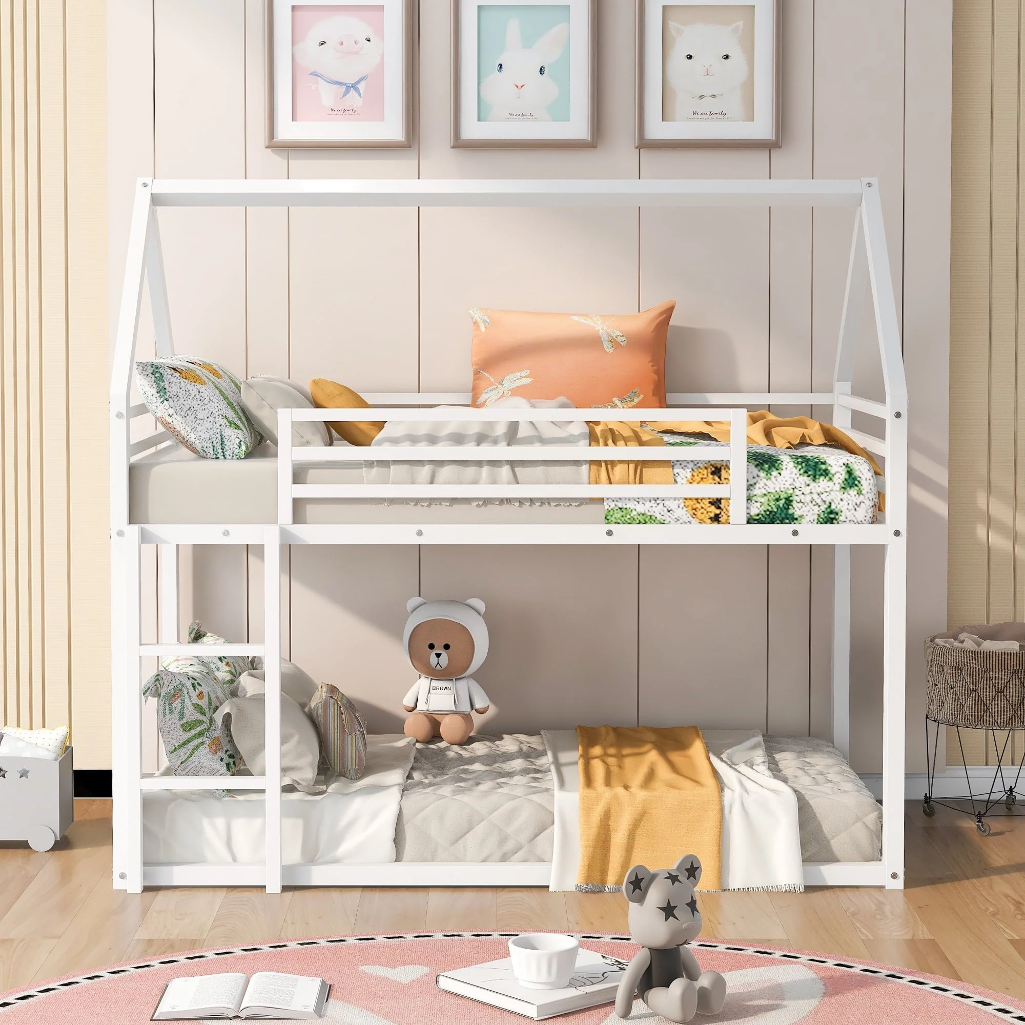 KOFUN Metal Bunk Bed Twin over Twin, House Bunk Bed with Built-in Ladder, Low Bunk Bed for Kids Toddlers Teens, White